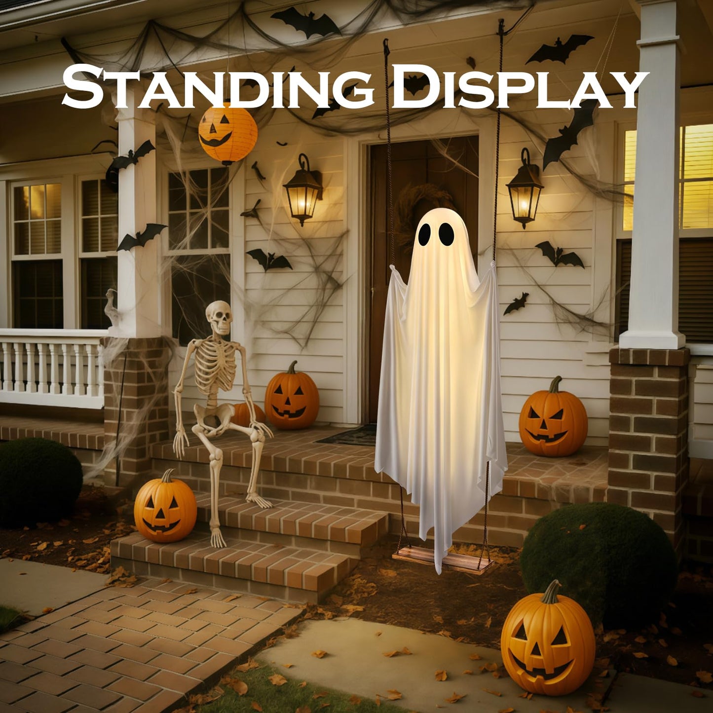 HKBAYI Halloween Decorations Outdoor - 5FT Large Hanging Ghost Swing with Remote Control String Lights & Upgraded Sheet, Scary Ghost Halloween Party Decor Outside for Tree Porch Yard Garden Lawn