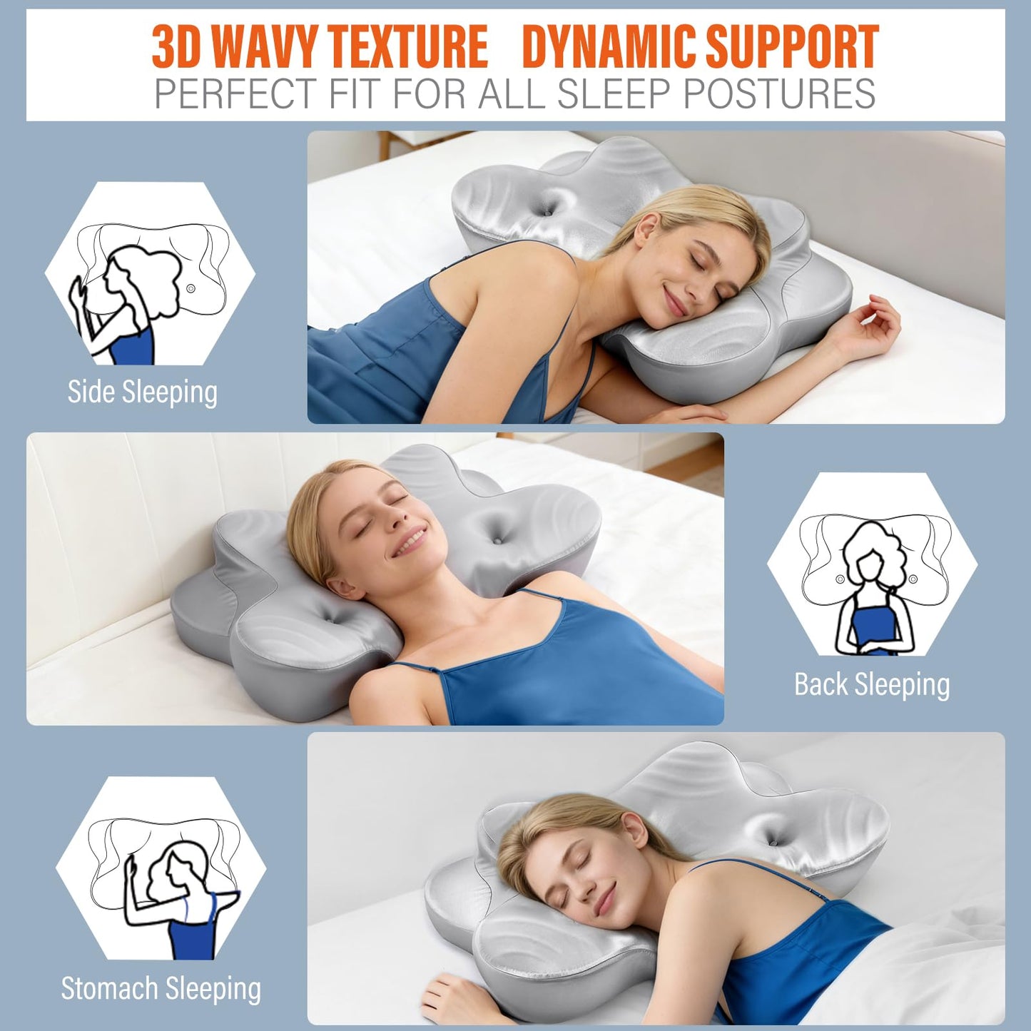 CCidea Dual Ear Relief Zone Contour Pillow, Ice Silk Satin Cervical Memory Foam Pillow for Sleeping, Ergonomic Neck Support for Side, Back & Stomach Sleepers (Grey-Pillow)