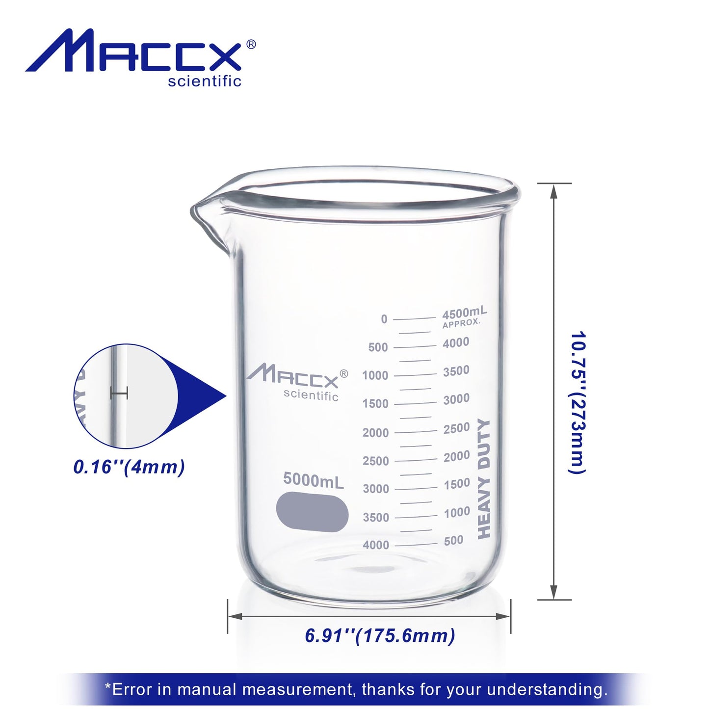 Maccx 170oz(5000ml) Sturdy Glass Beaker, Heavy-Duty 5L Lab Beakers，3.3 Borosilicate Low Form with Printed Graduation, BKL5K0-001