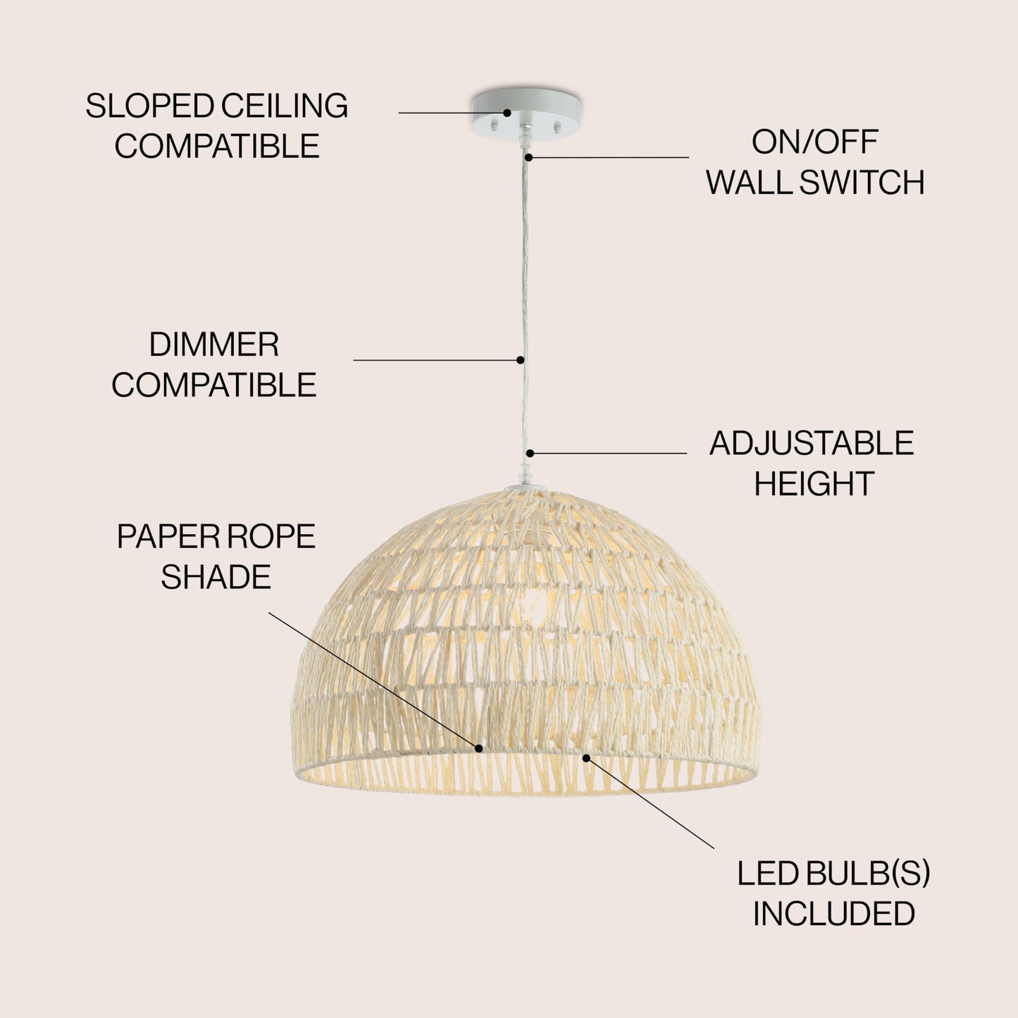 JONATHAN Y JYL6504A 20" Woven Dome Pendant Light, Bohemian Farmhouse Hanging Light Fixture with Adjustable Height for Kitchen Island, Dining Room, Living Room, Coastal Rope Ceiling Lamp, Cream