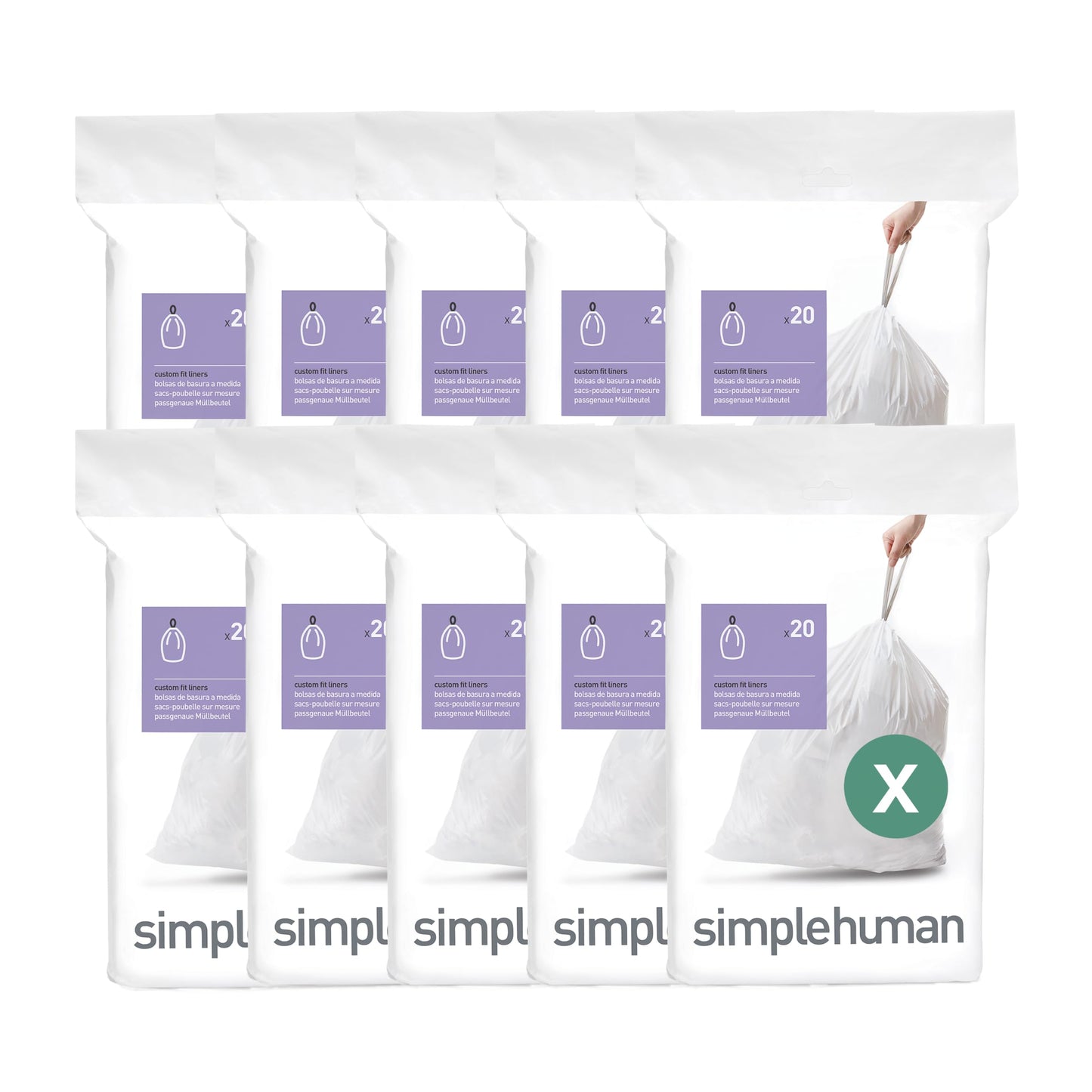 simplehuman Code X 200 Count Custom Fit Liners, Heavy-Duty Commercial Drawstring Trash Bags, One-by-One Mess-Free Dispense, Extra Thick & Double Seamed, 50% PCR Plastic, 80 Liter / 21 Gallon, White