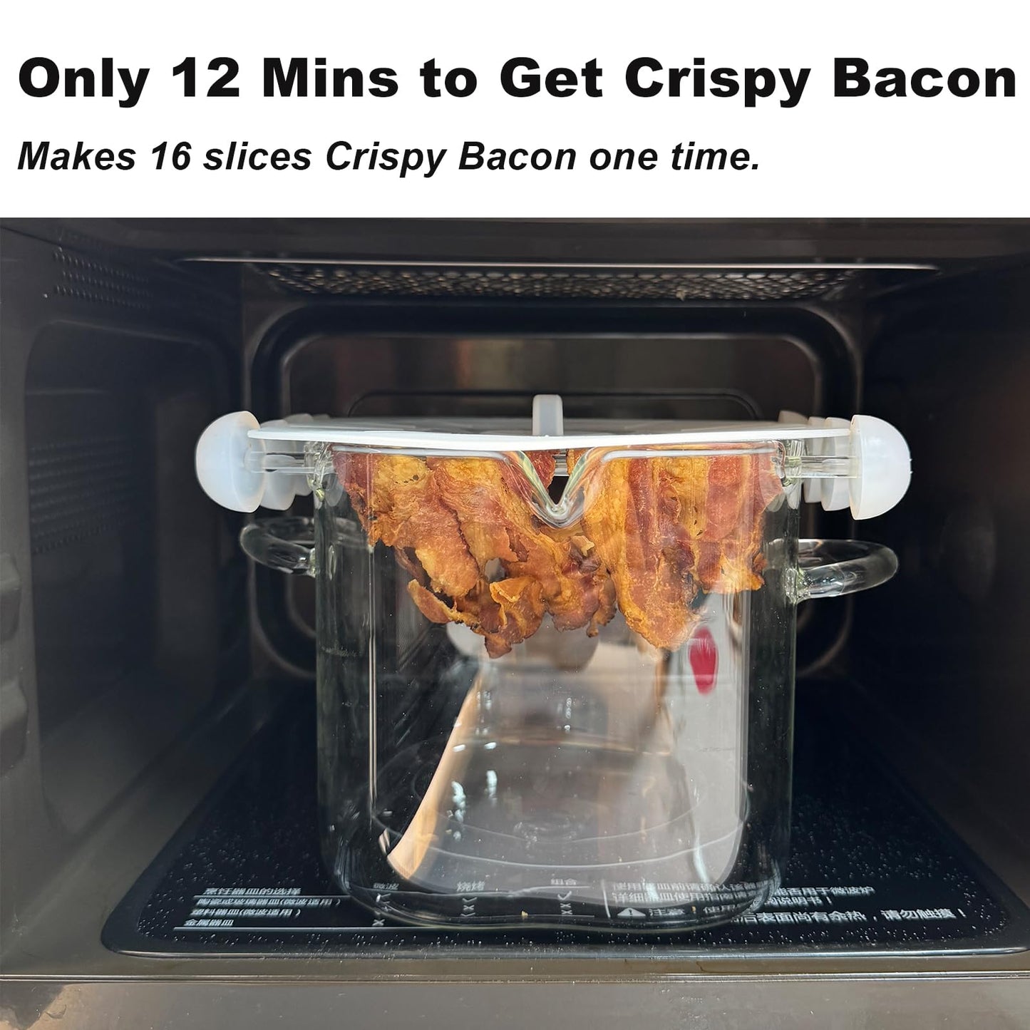 Glass Microwave Bacon Cooker, Silicone Lid, 4 Glass Skewers, 100oz