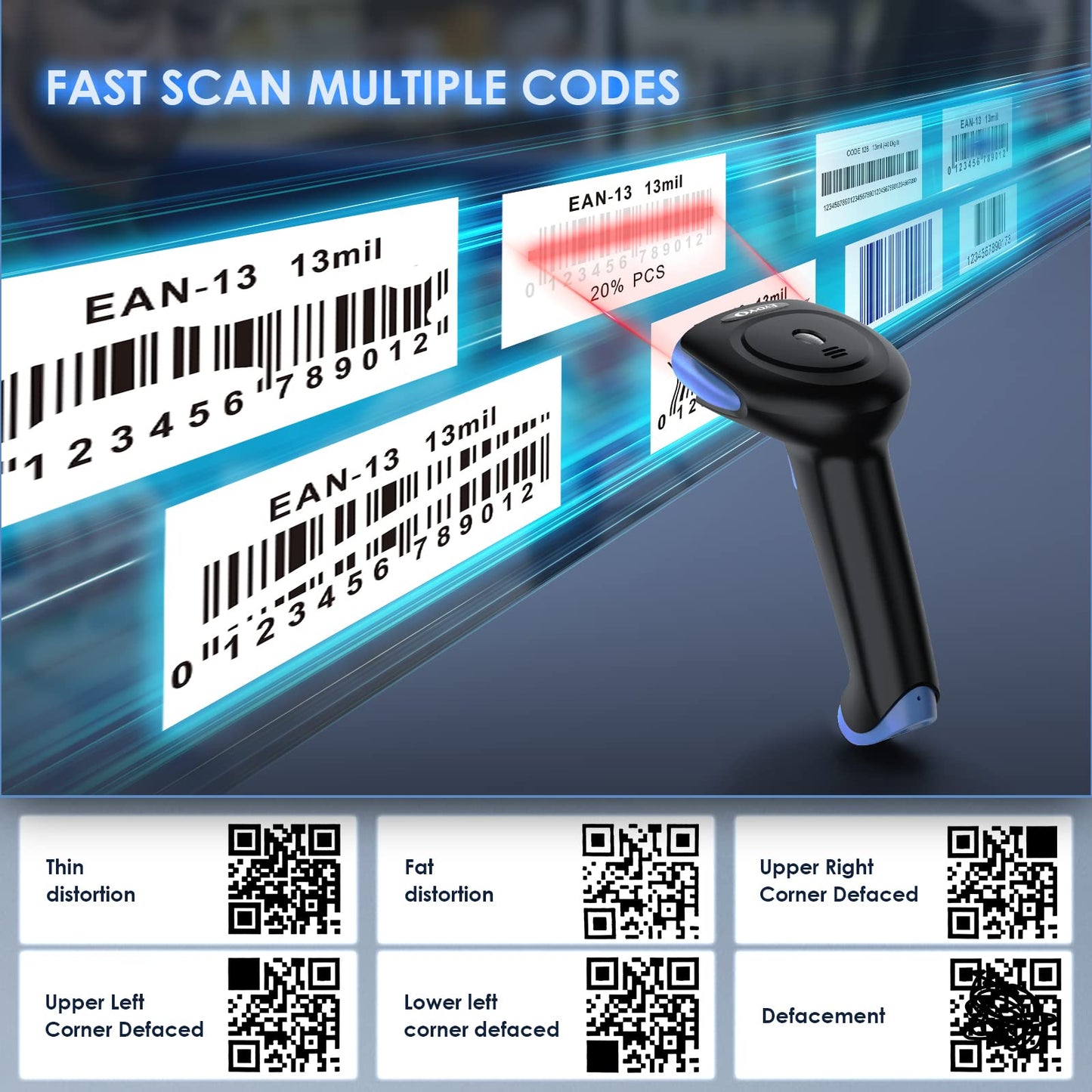 Eyoyo 1D 2D Barcode Scanner Wireless, Bluetooth 2500mAh Handheld Cordless USB Wired QR Bar Code Reader for Library, Warehouse Inventory Compatible with iPad, Android Phone, iPhone, Laptop