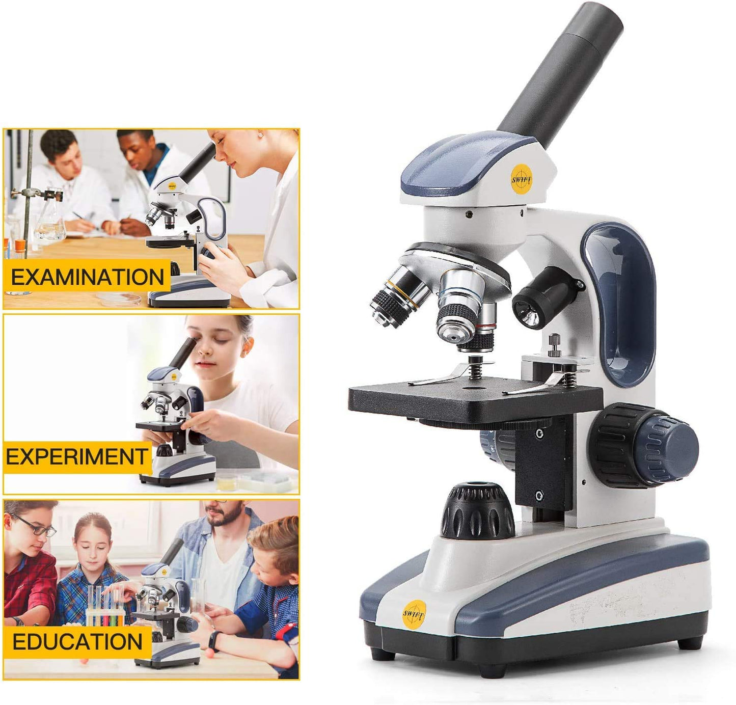 SWIFT Compound Monocular Microscope SW200DL with 40X-1000X Magnification, Dual Light, Precision Fine Focus, Wide-Field 25X Eyepiece and Cordless Capability for Student Beginner