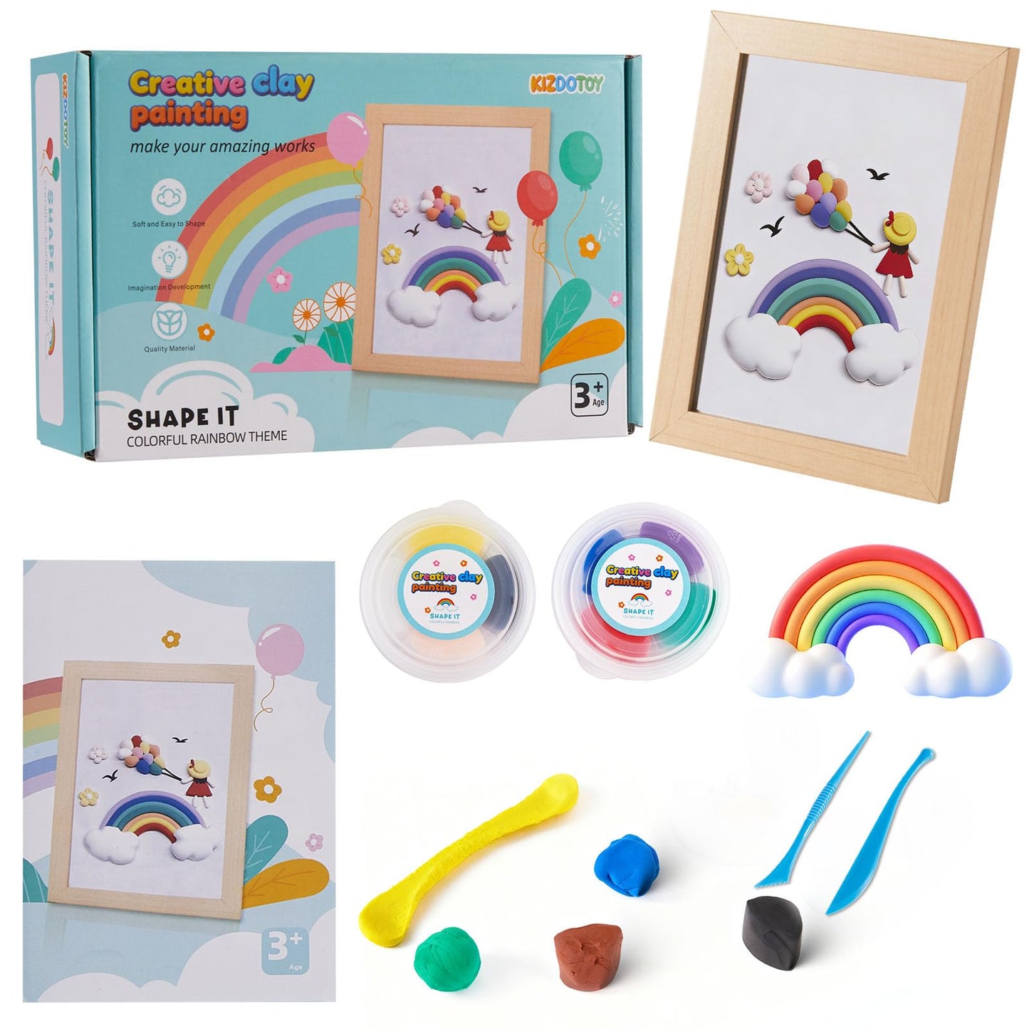 KizDoToy DIY Picture Frame Clay Art Kit for Kids - Rainbow Theme Air Dry Clay Set with Wooden Frame, Tools & Tutorial Cards, Creative Arts and Crafts Gift Set for Children Ages 3+
