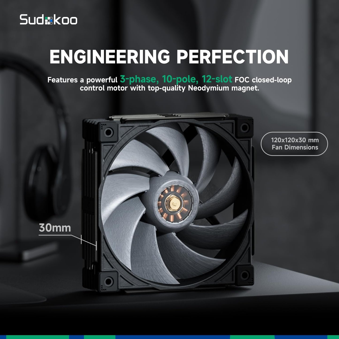 Sudokoo Sudokoo MACH120 3IN1 Case Fans, 30mm Thick, LCP and 40% Glass Fiber, Hybrid Hydraulic Bearing, FOC Motor, PWM, Dynamic Balance Correction, 6 Years Warranty, Black Gray