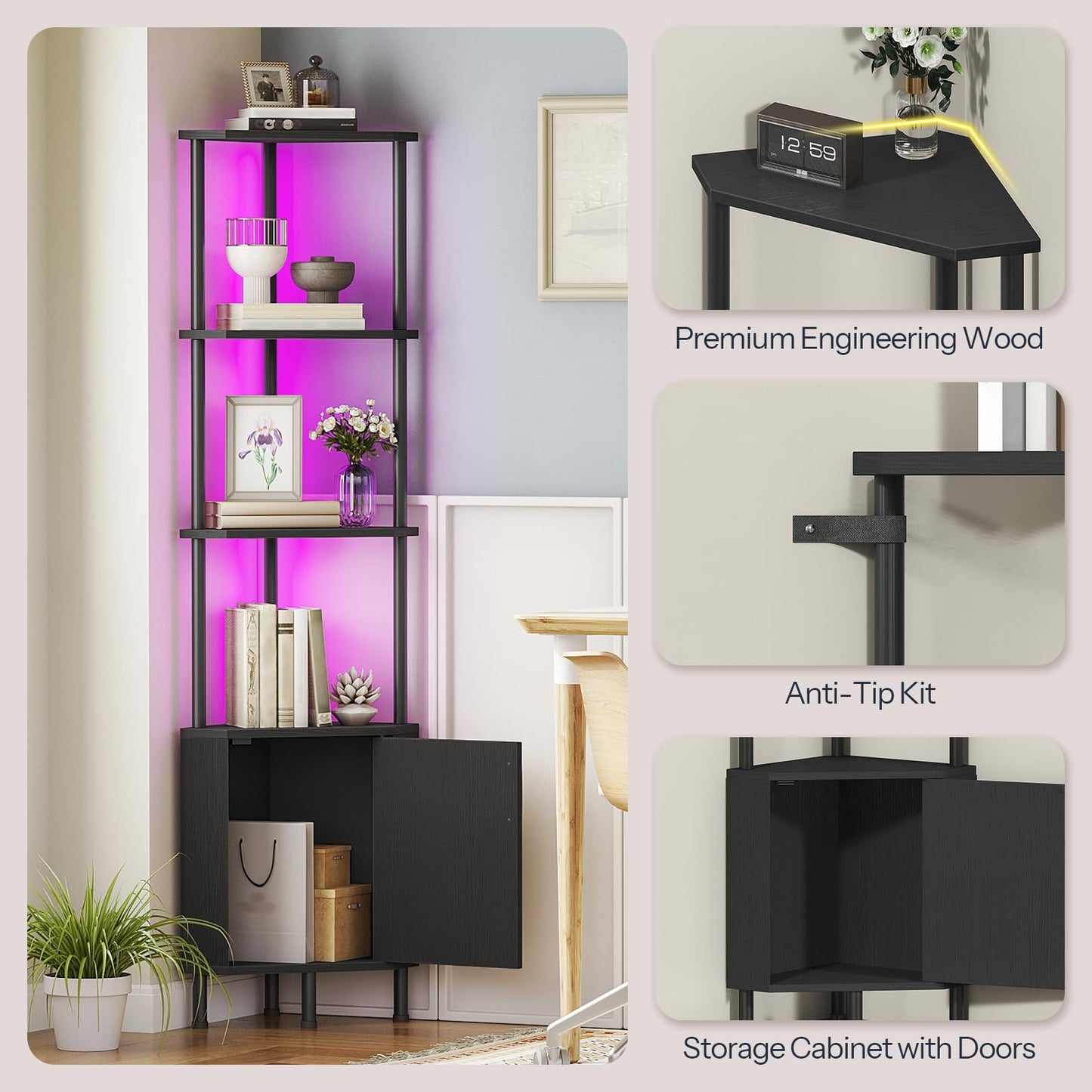 HOOBRO Corner Cabinet with LED Light, Corner Shelf Stand with Storage and Doors, 5-Tier Industrial Corner Bookshelf, 59” Tall Display Rack Shelf, for Living Room, Kitchen, Black BB147DCJ01