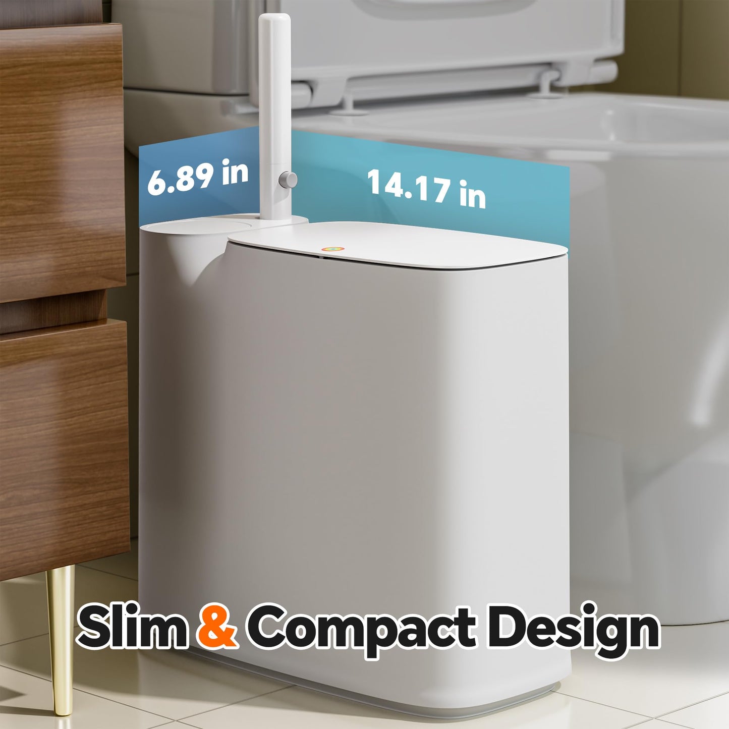 POPMOP White Plastic Mini Trash Can, Toilet Cleaner Stick, Toilet Brush Holder, 36 Refills, 2-Gallon Trash Can with Pop-Out Lid, Suitable for Bathrooms and Small Toilets.