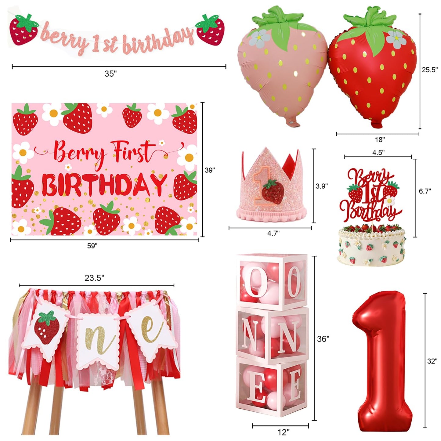 Berry Baby Girl 1st Birthday Decor, Strawberry First Birthday Decorations for Girls with Balloon Arch, Party Backdrop, High Chair Banner, Crown, Photo Banners, Cake Topper