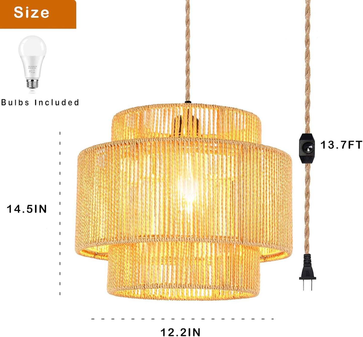 QIYIZM Plug in Pendant Light Hanging Lights with Plug in Cord Hanging Lamp Boho Rattan Dimmable Wicker Bamboo Woven Shade Hemp Rope Ceiling Light Fixture for Living Room Bedroom Kitchen