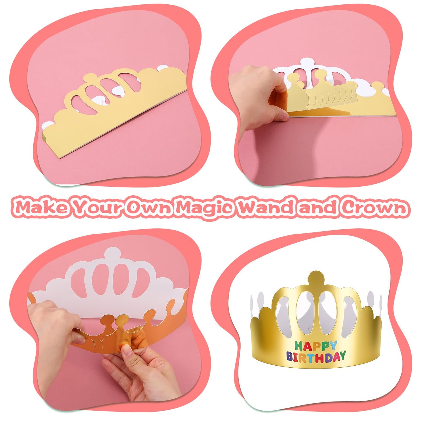 52pcs Princess Fairy Wands Kit,Make Your Own Princess Wand Include 18 Pieces 6 Styles Unfinished Wooden Princess Wand,Gold Paper Crowns, Gem Stickers, Letter and Number Stickers, Princess Art Magical
