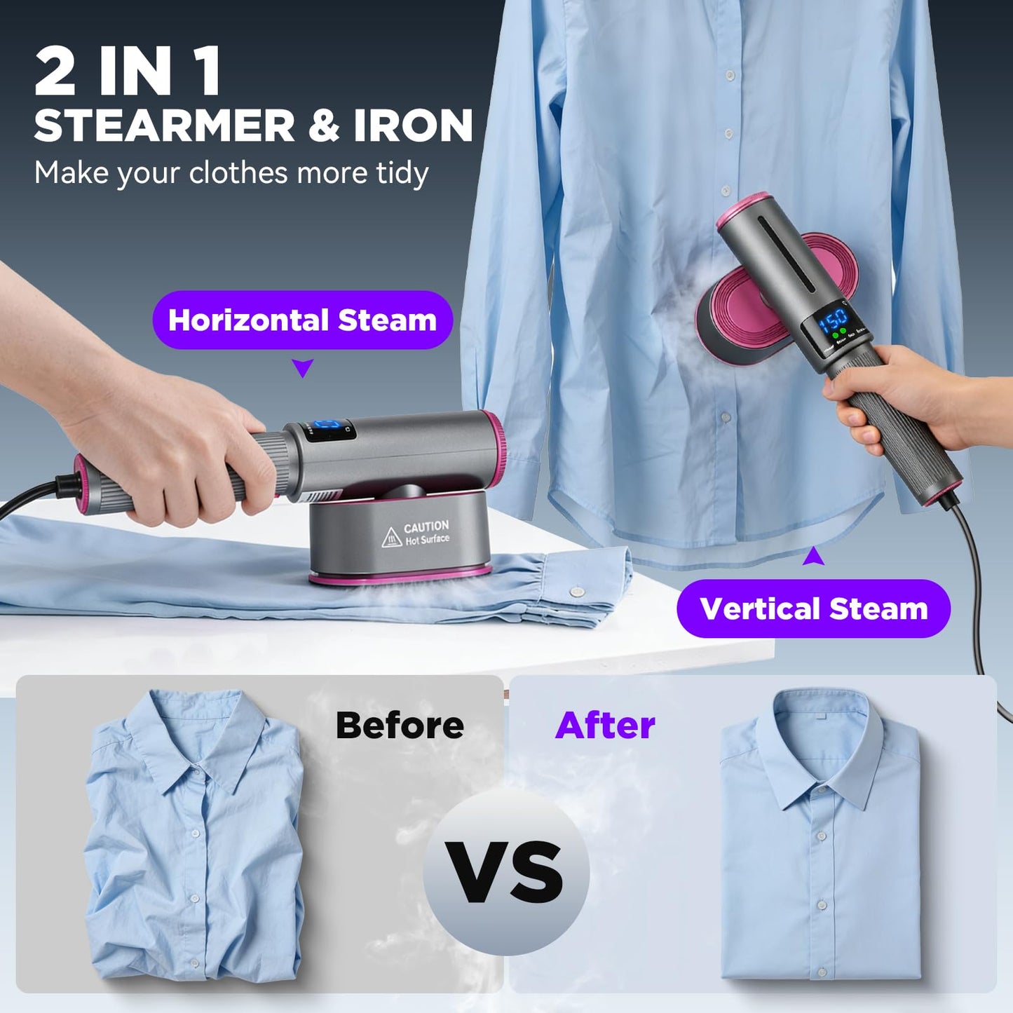 Travel Steamer for Clothes, 2-in-1 Steam Iron & Garment Steamer with Fast Heat-Up, 1200W Portable Handheld Clothes Steamer, Large Ceramic Heat Panel Quick Wrinkle Removal for Home/Travel/Hotel