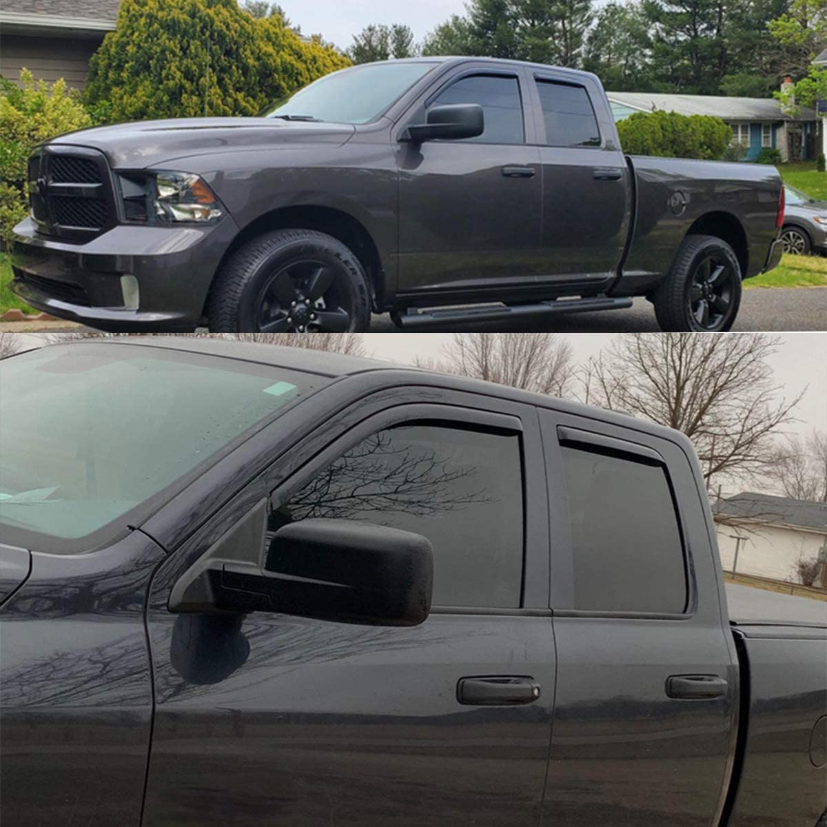 Lightronic 194101 Extra Durable Clip-on In-Channel Auto Vent Window Visors, Fits 2009-2010 Dodge Ram 1500, 2011-2018 Ram 1500, 2019-2024 Ram 1500 Classic, Quad Cab, UV-Protect Rain Guard, Smoke, 4-Pcs