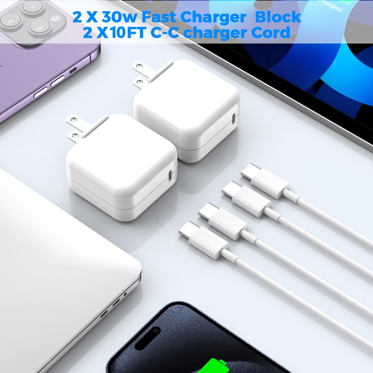 USB C Charger for MacBook Air MacBook Pro 13 14 15 16 inch,M1 M2 M3 Apple Laptop Charge,2Pack 30W USBC Power Adapter,Compatible with iPad,iPhone 15 Pro Max,10FT Extra Long Cable mac Book pro,iPad Pro