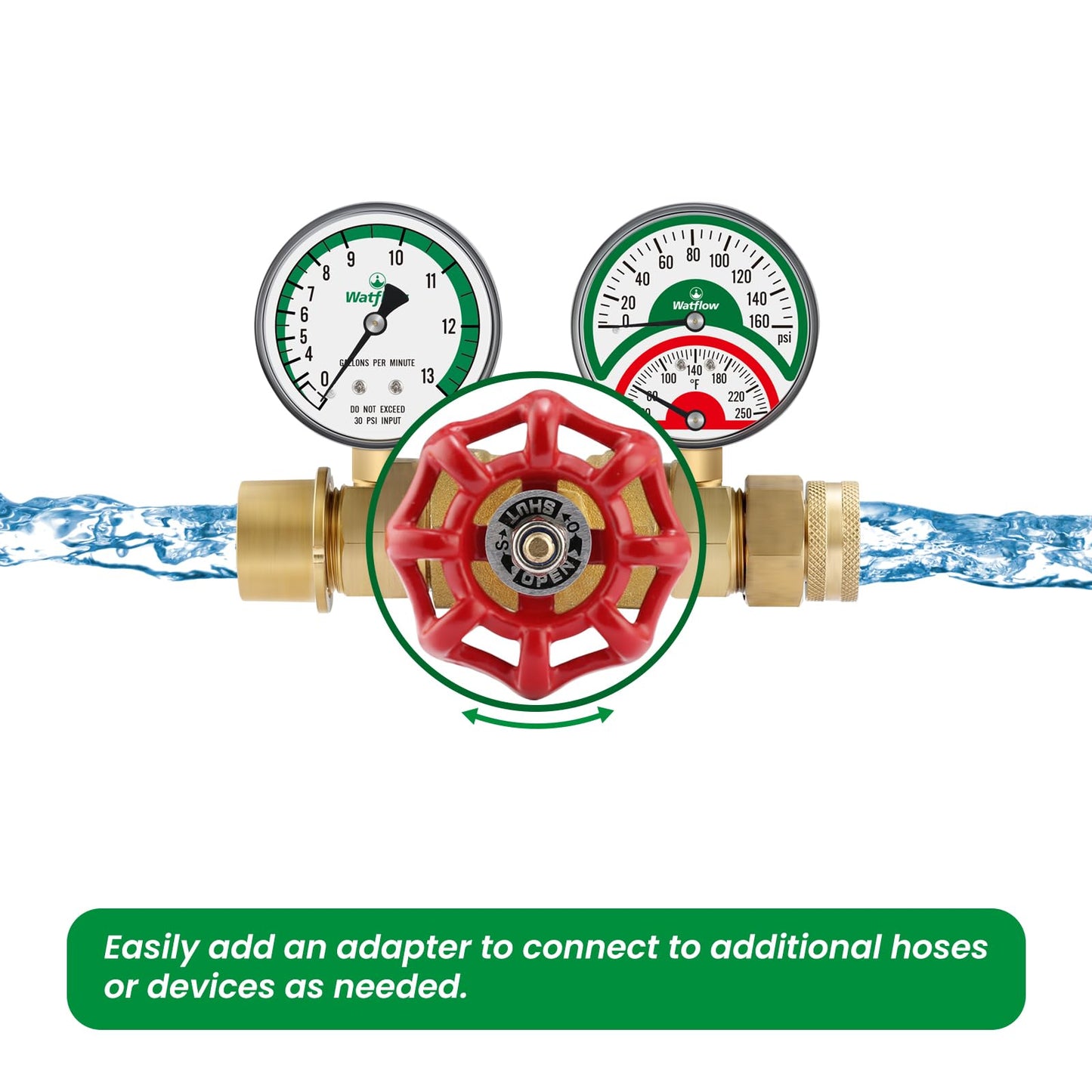 Watflow Water Flow Gauge, Temperature and Pressure Test Assembly, 0-160psi,0-13 GPM, 3/4" Female Hose Thread.