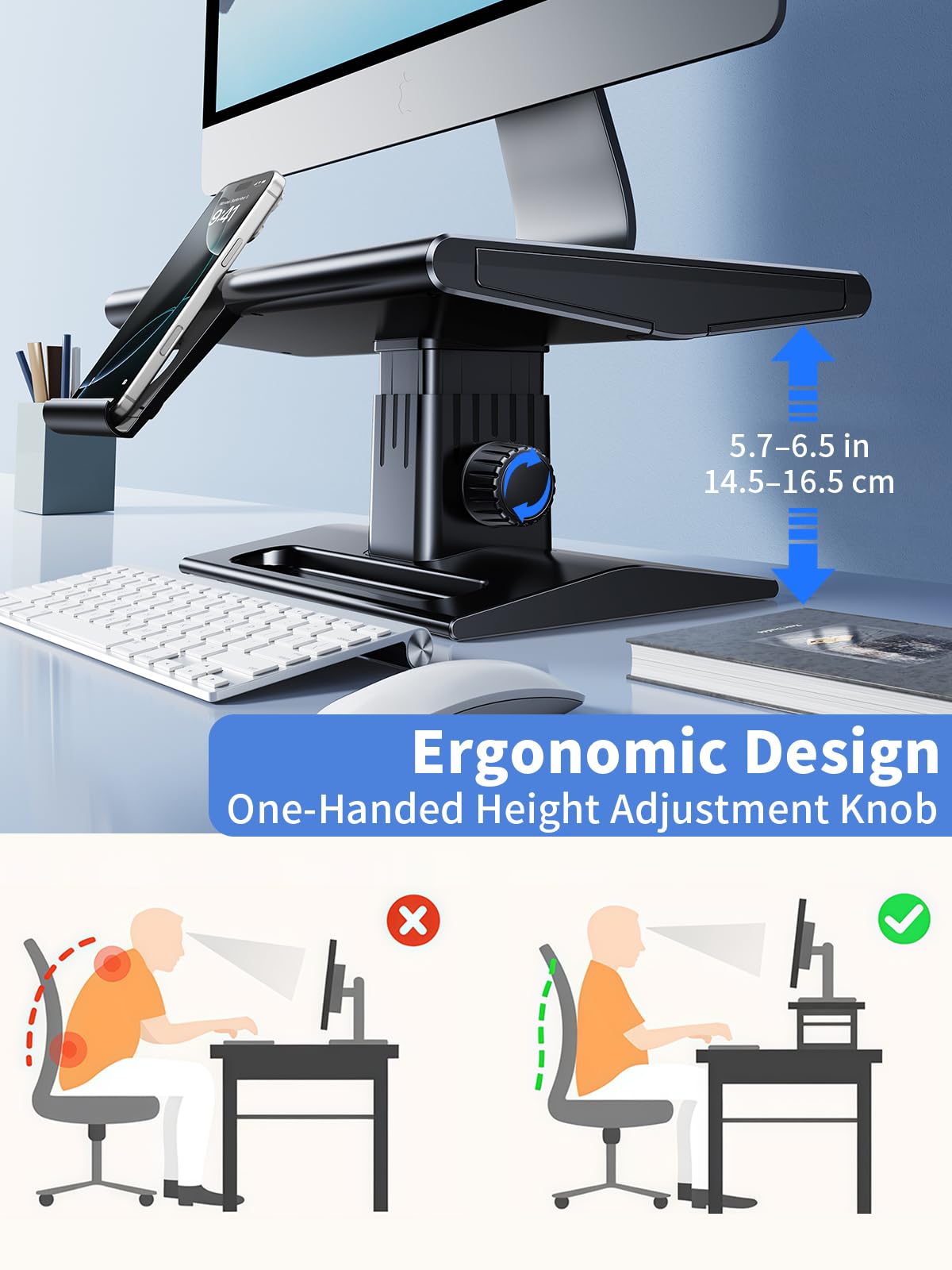 NIFBANG Computer Monitor Stand Riser for Desk,5.7-6.5 Inches Height Adjustable with Storage Drawer & Phone Holder,Workspace Desktop Organizer Monitor Stands Risers Shelf for Computer,Laptop,Printer,TV