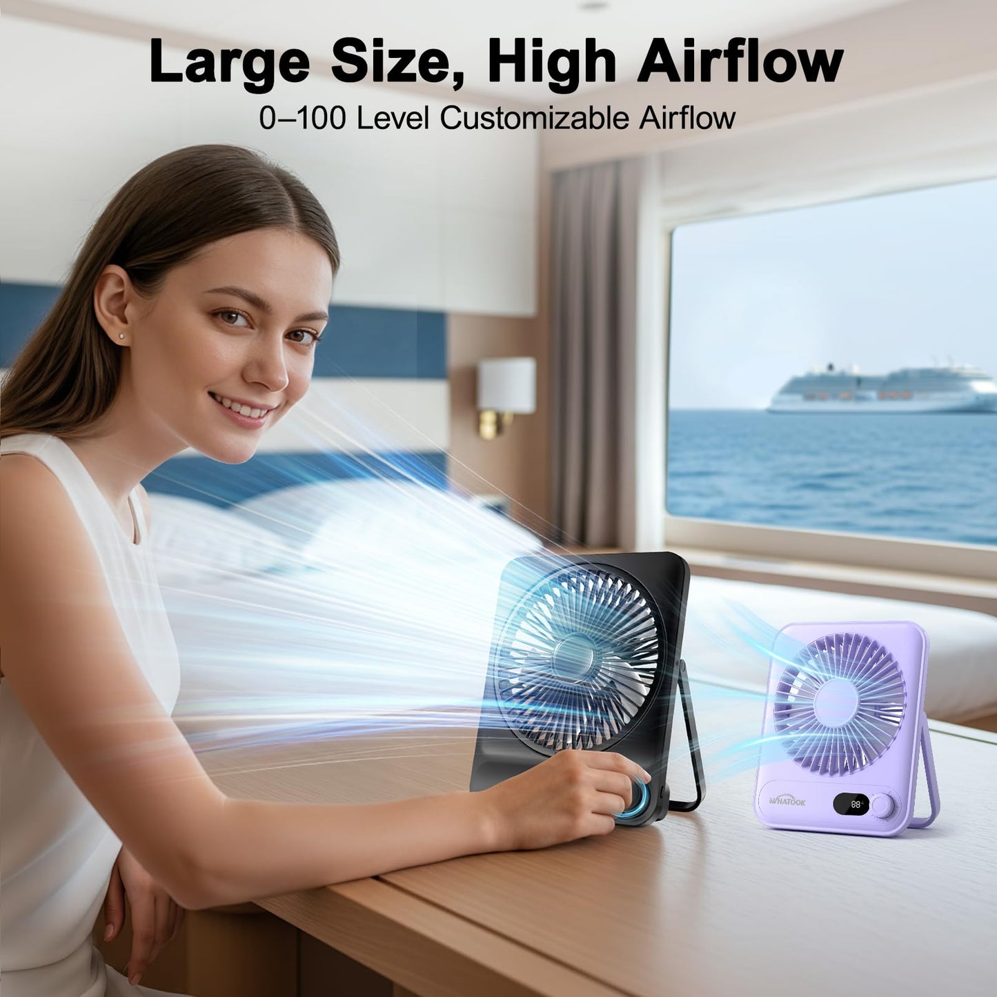 WHATOOK Large Travel Desk Fan: 10000mAh Battery 40 Hours Runtime Silent Rechargeable Fans, Quite Personal Portable Fan for Camping Bedroom Office Small Desktop fan (8.3 * 7.1inch Black) (Black)