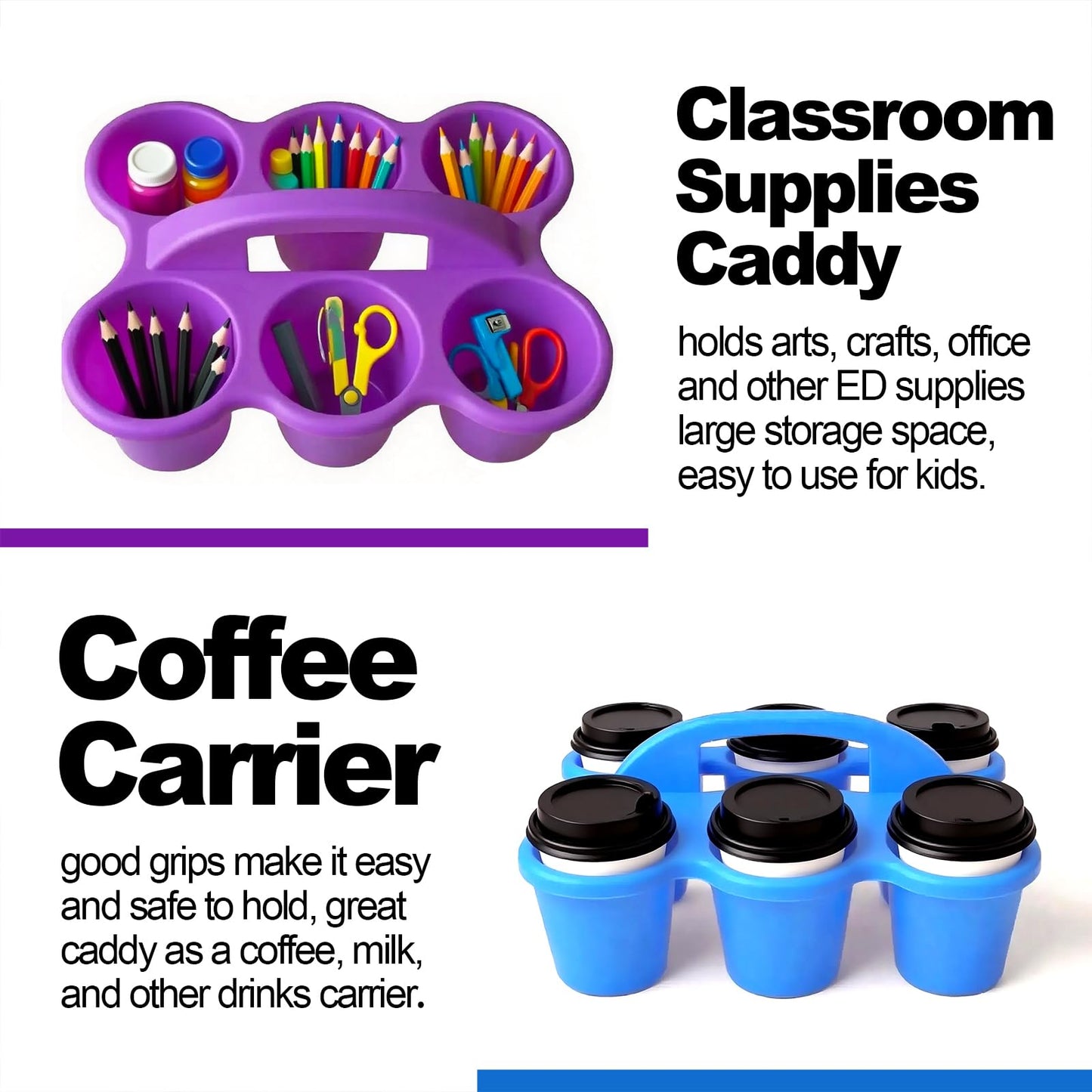 SSATISCN Multicolor Pencil Holders for Desk, 6-Cup Classroom Caddy with Handles, Durable Art Supply Organizer for School Office Home (Set of 6)