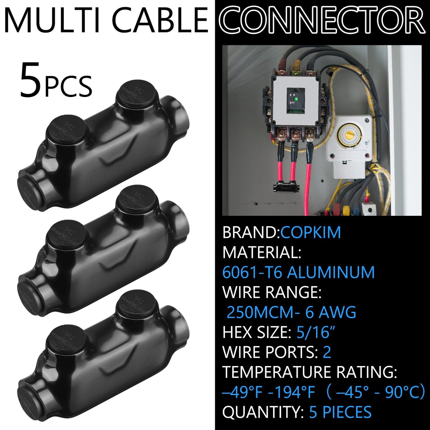 Copkim 5 Pcs Multi Cable Connectors, Black Vinyl Coated Wire Insulated Splicers with 2 Ports Inline and Dual Sided Entry, Dual Rated for Copper Aluminum (250MCM-6AWG)