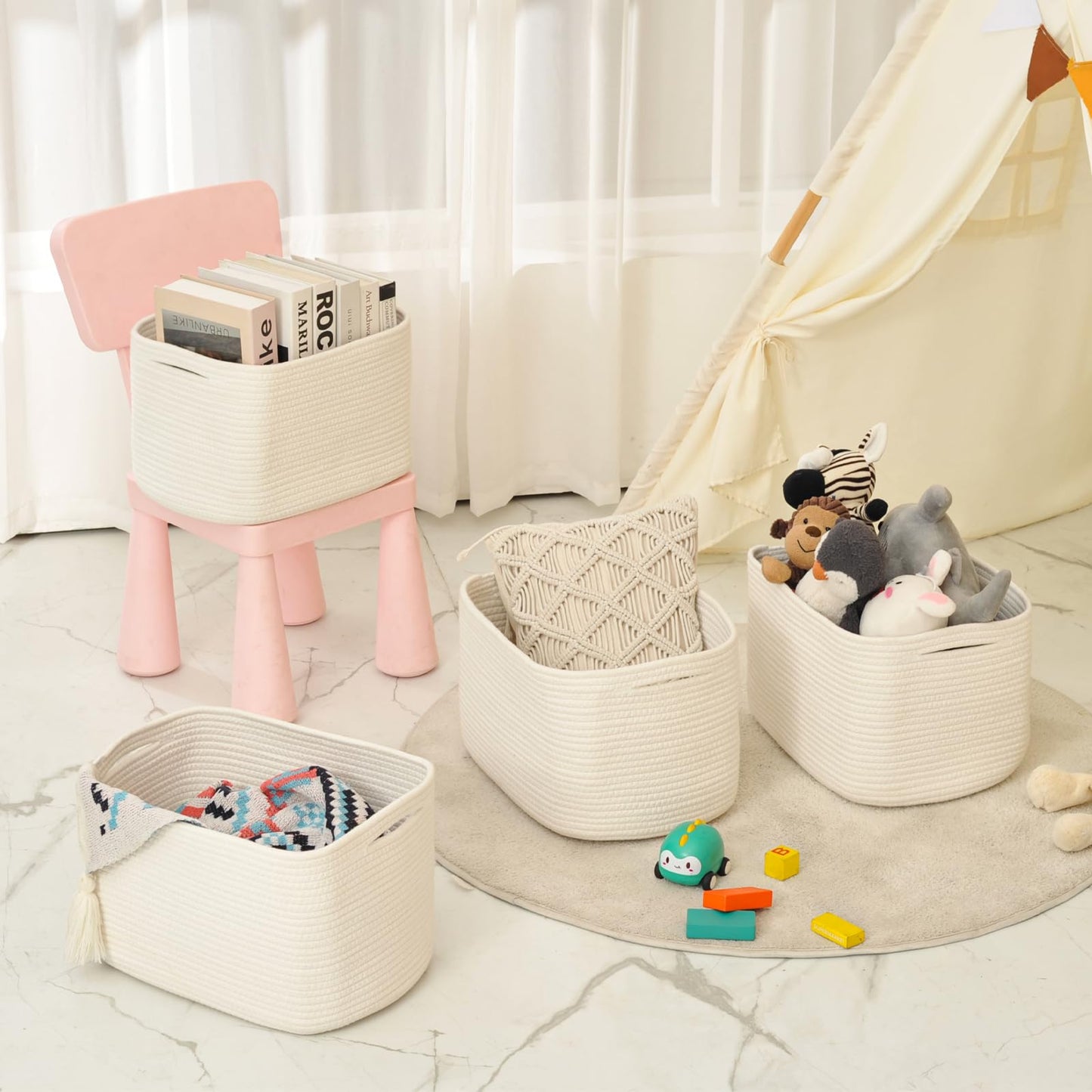 ICERZCZ Storage Baskets for Organizing & Shelves, Woven Cotton Rope Organization Bins for Dog Toys, Clothes, Books, Nursery Organizer, 15" Lx11''Wx9.5''H, (4 Packs) Off White
