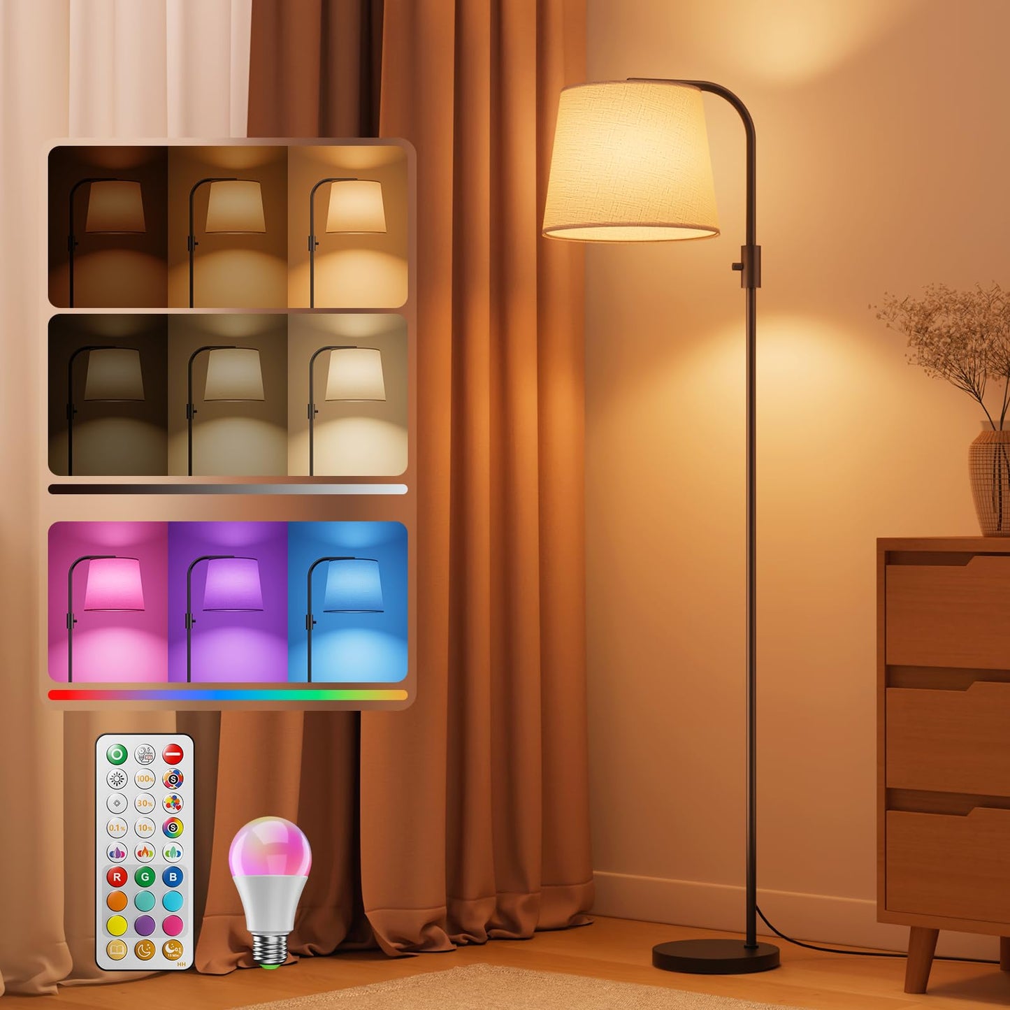 VARICART LED Arc Floor Lamp, 65" Tall Lamp with Magnetic Remote, RGB + 1600K Amber & 4000K Daylight, 10W 1200lm 0.1%-100% Dimmable, 350° Swivel Linen Shade, Smart Plug Compatible, Black