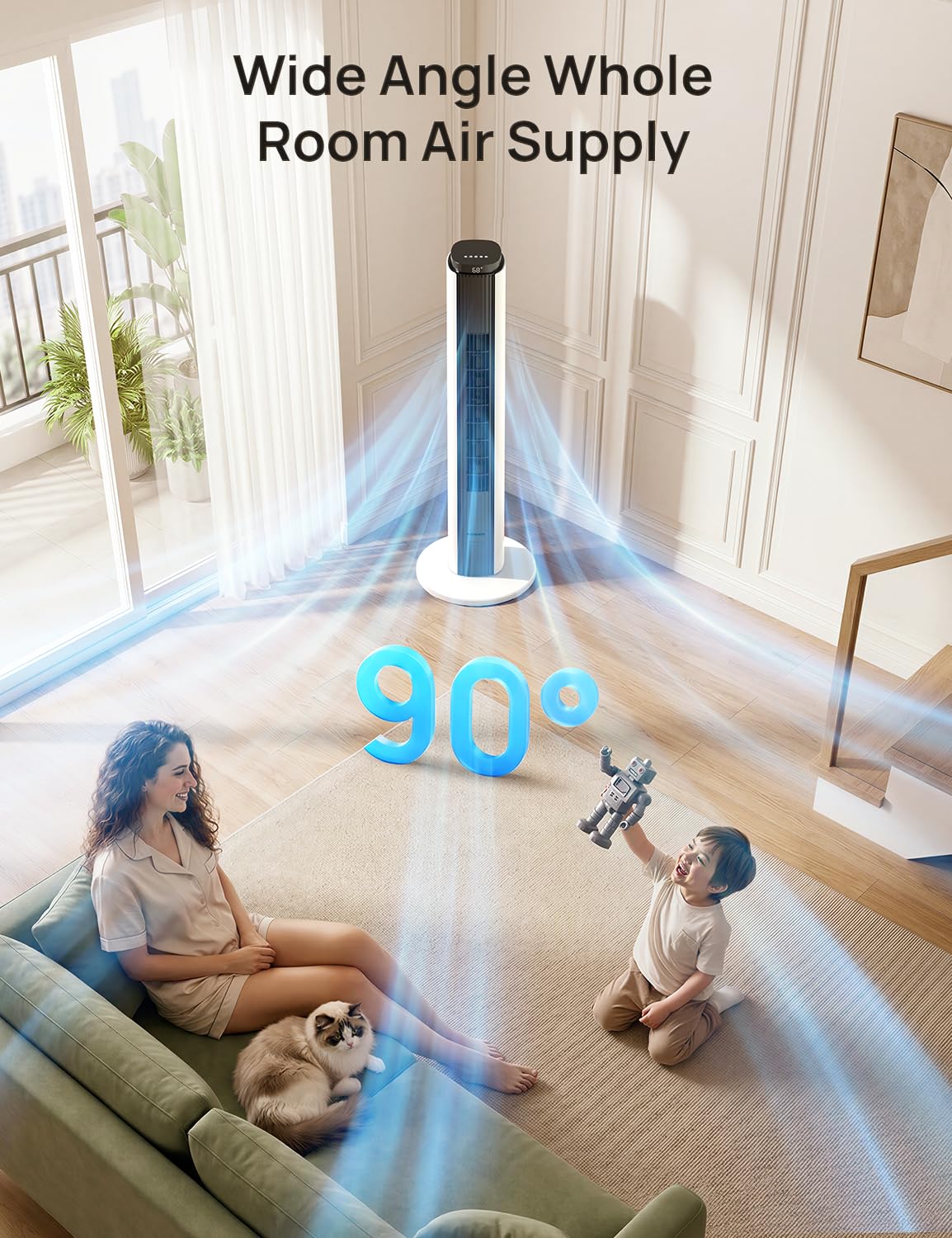 ZAFRO Tower Fan for Bedroom, 37'' Cooling Fans with 4 Modes 6 Speeds, 26 ft/s Velocity, 28dB Quiet for Sleep, LED Touchpad & 12H Timer, 90° Oscillating Floor Fans that Blow Cold Air, Black+White