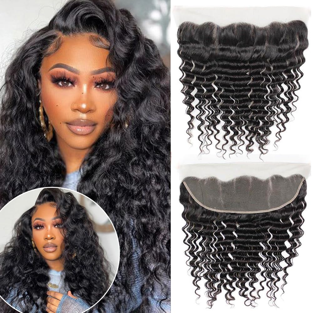 QTHAIR 14A 13x4 HD Lace Frontal Human Hair 20 Inch Deep Wave Frontal Pre Plucked with Baby Hair Ear to Ear Transparent Lace Frontal Closure 100% Virgin Deep Wave Human Hair Frontal 1B Natural Black