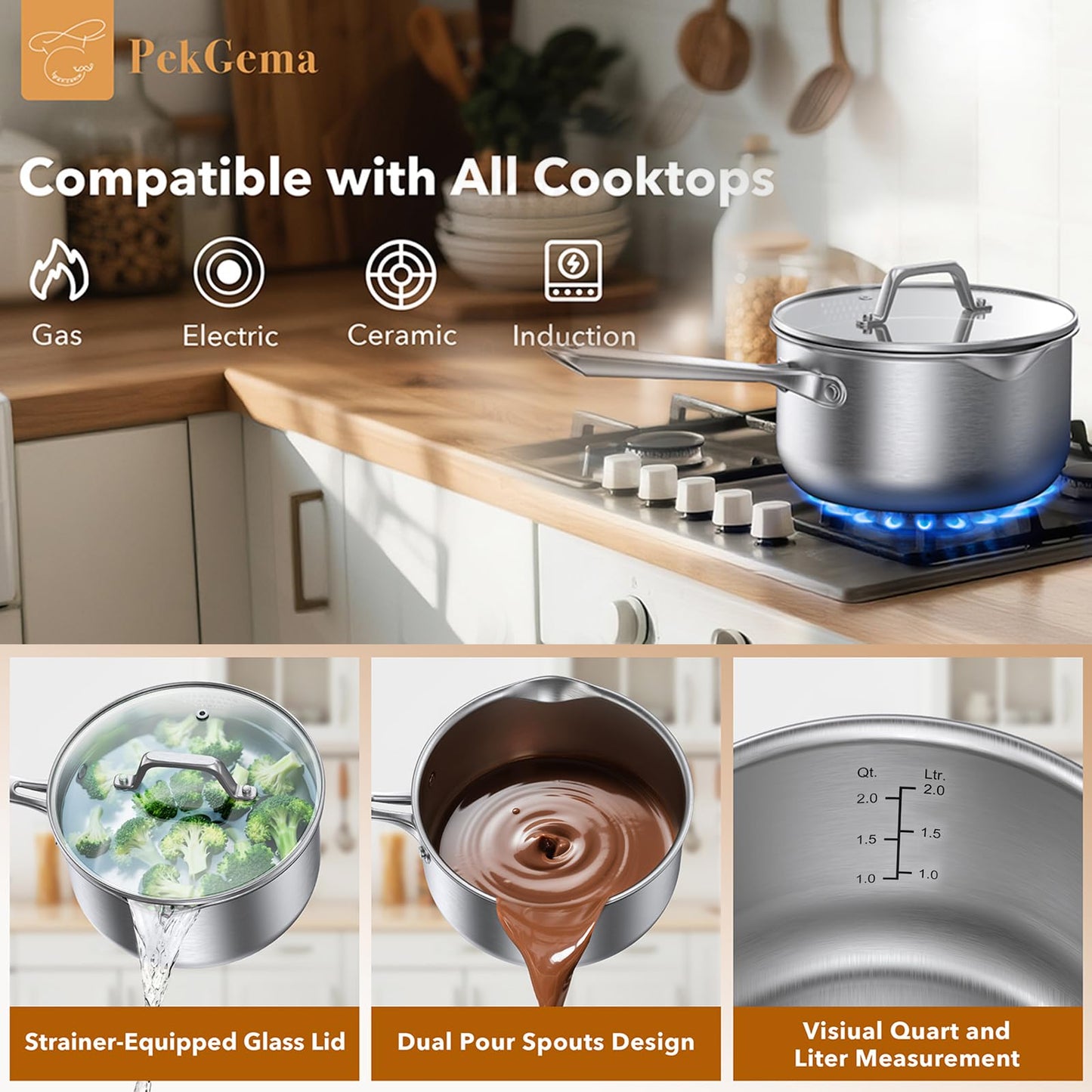 PekGema Stainless Steel Saucepan 2.5 Quart with Glass Strainer Lid, Tri-Ply Construction, Dual Pour Spouts, Measurement Marks, Stay-Cool Handle, Dishwasher & Oven Safe, All Cooktops Compatible