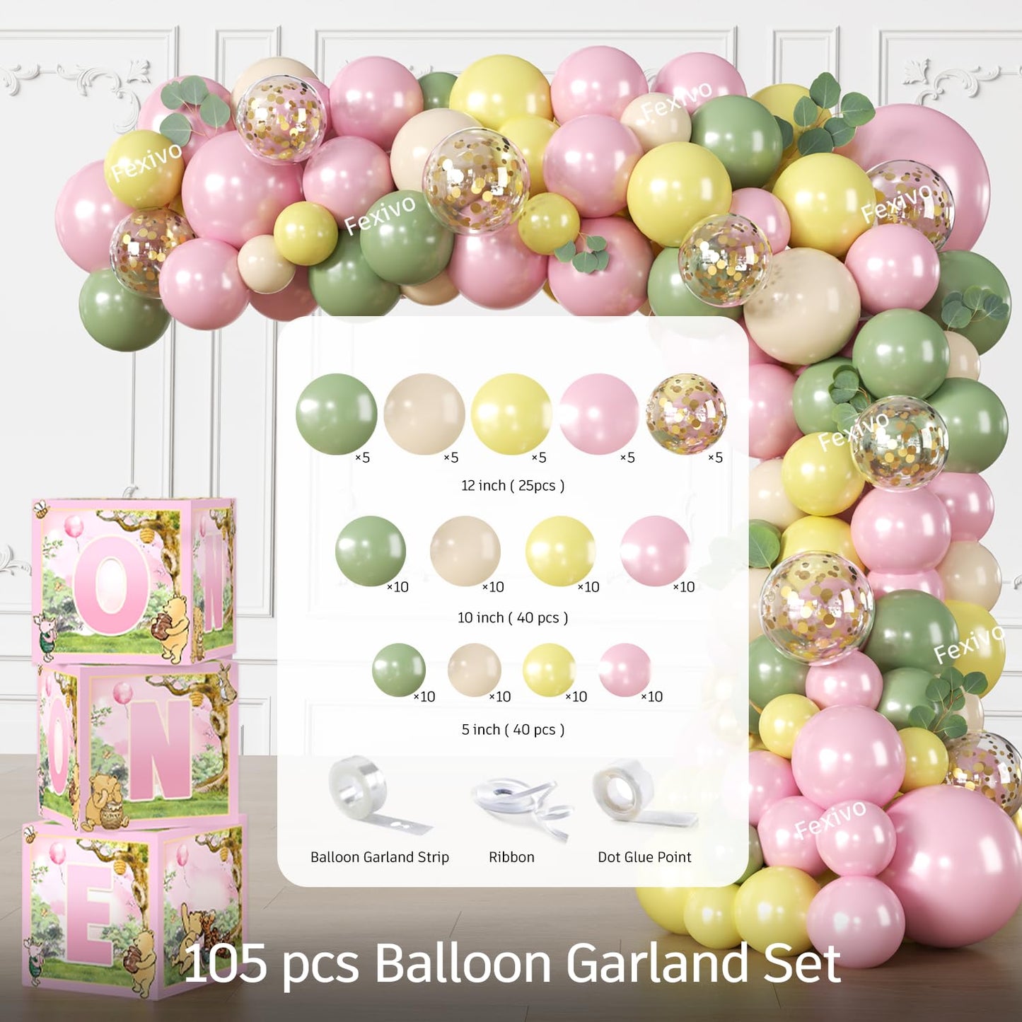 Fexivo 273 PCS Bear 1st Birthday Decorations, All-in-One Baby Girl 1st Birthday Decorations Set with Plates, Napkins, Serves 25, 2 Tablecloths, Balloon Arch, Backdrop & Banner, Pink