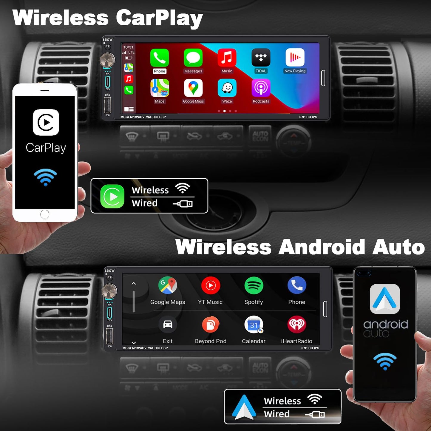 Alondy Single Din Car Touchscreen Radio (6.9-inch) Compatible with [Wireless] Apple CarPlay Android Auto Car Stereo Bluetooth USB (2.1A Type-C Fast Charge) Backup Camera RCA