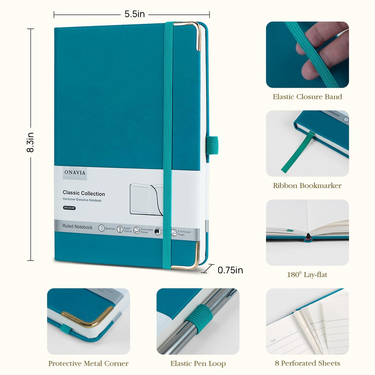 ONAVIA A5 Lined Journal Notebook, 8 Pack Hardcover 5.5"x8.3", College Ruled Journaling Notebooks for Notes-Taking, Fits for Work, School Supply, 160 Pages PU Leather Note Books