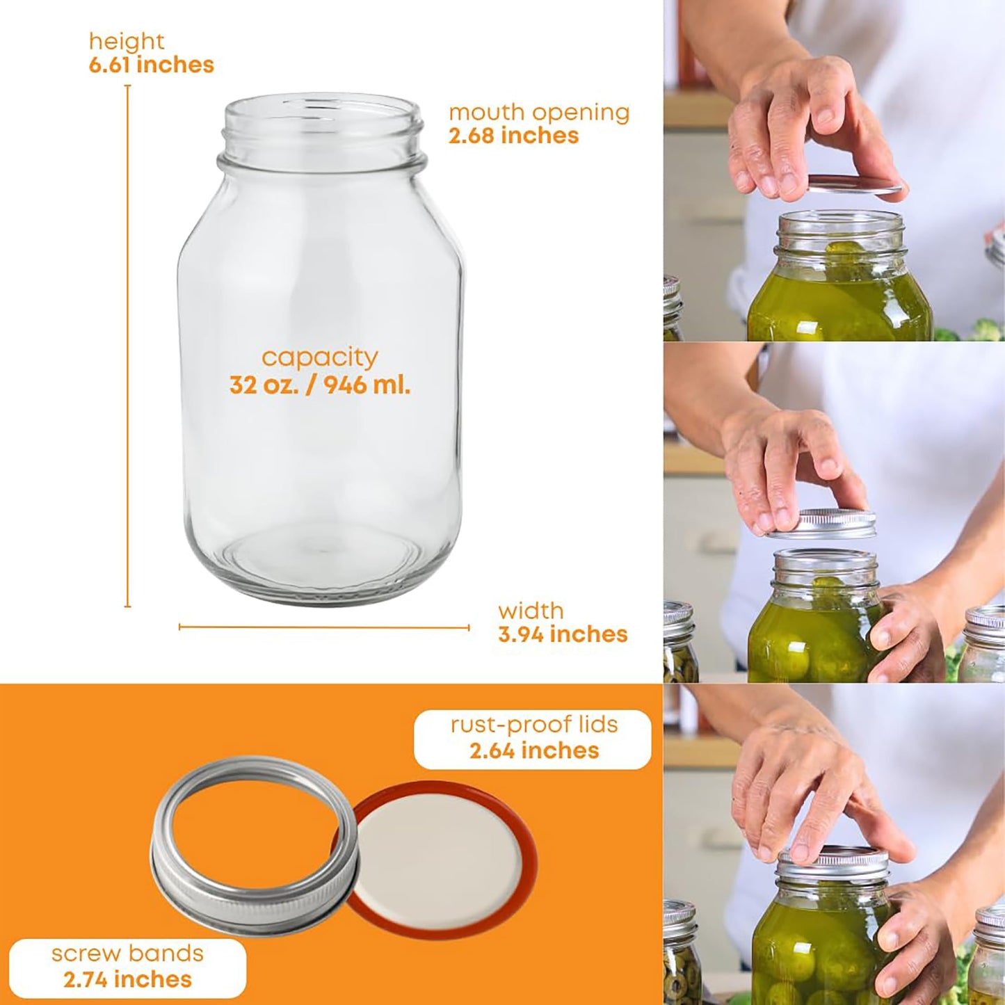 FastRack 32 oz Regular Mouth Mason Jars with Lids – Pack of 12 Quart Canning Jars for Food Storage, Pickling, Fermentation, Crafts – Reusable Airtight Large Glass Mason Jar with 1 Black Cap Gripper