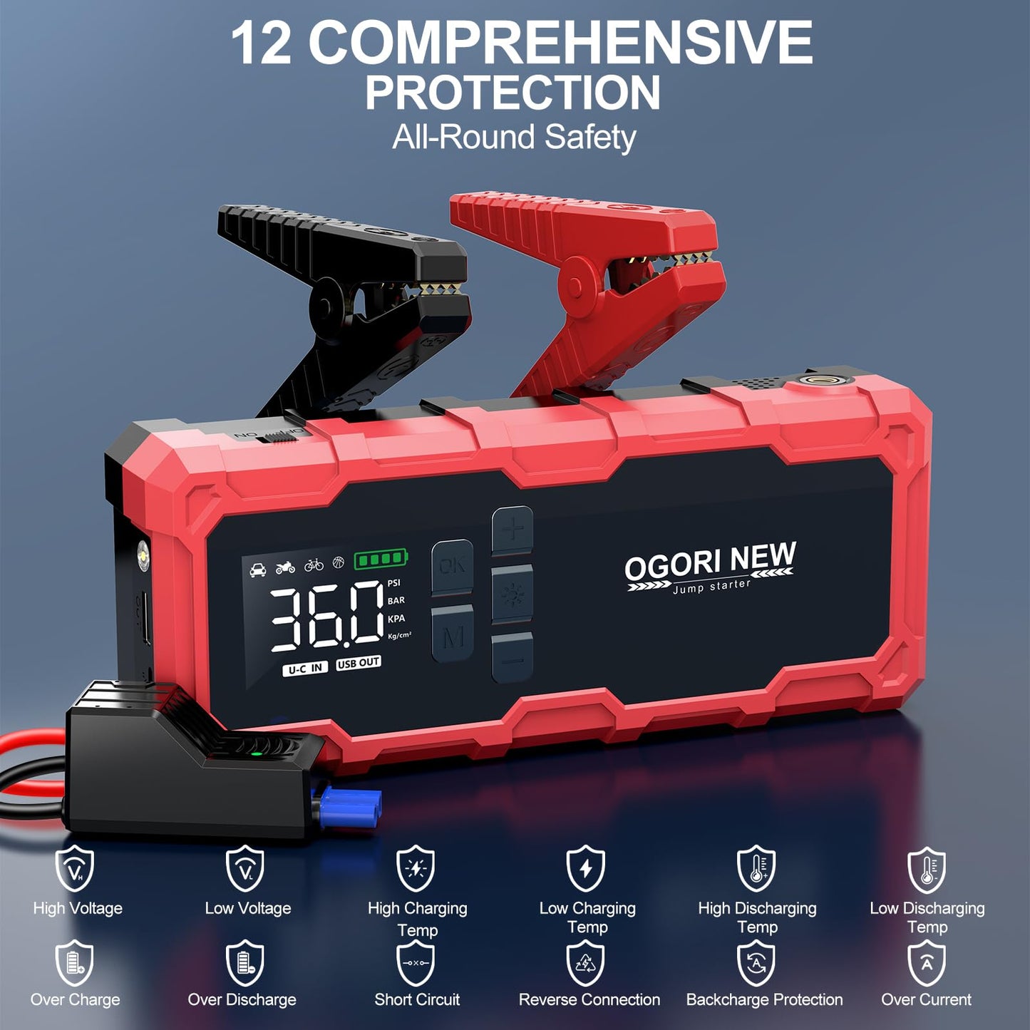 7000A Jump Starter with Air Compressor, 21800mAh 150PSI Portable Car Battery Jump Starter (All Gas/16L Diesel), 12V Supersafe Jump Box Car Battery Booster with Jumper Cables, Lights