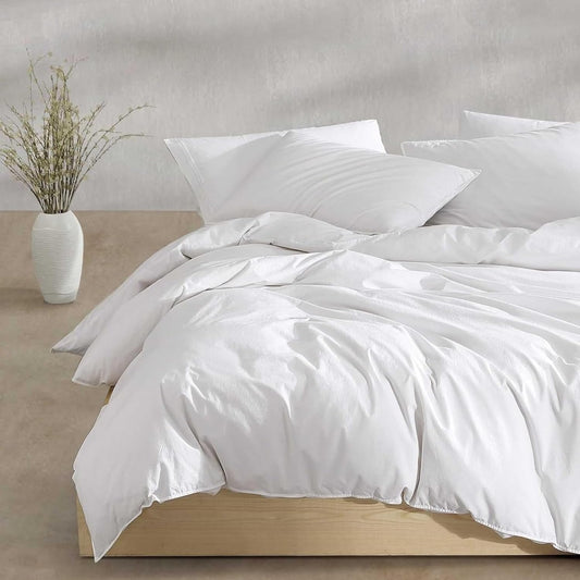Calvin Klein - Queen Duvet Cover Set with Shams, 100% Cotton Percale Bedding, Garment Washed, Crisp & Breathable, Modern Cotton Washed Percale White
