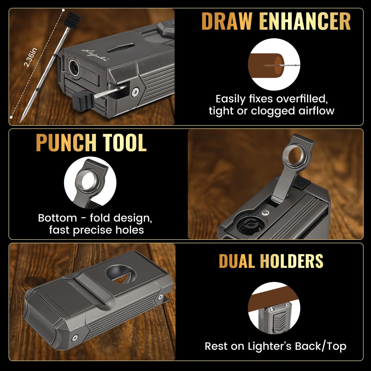6-in-1 Torch Lighter with Twin Nubber, Auto-Pop V-Shape Clipper, Draw Enhancer, Holder and Punch, Refillable & Adjustable Windproof Butane Lighter, Premium Gift Box for Men & Travel Essential