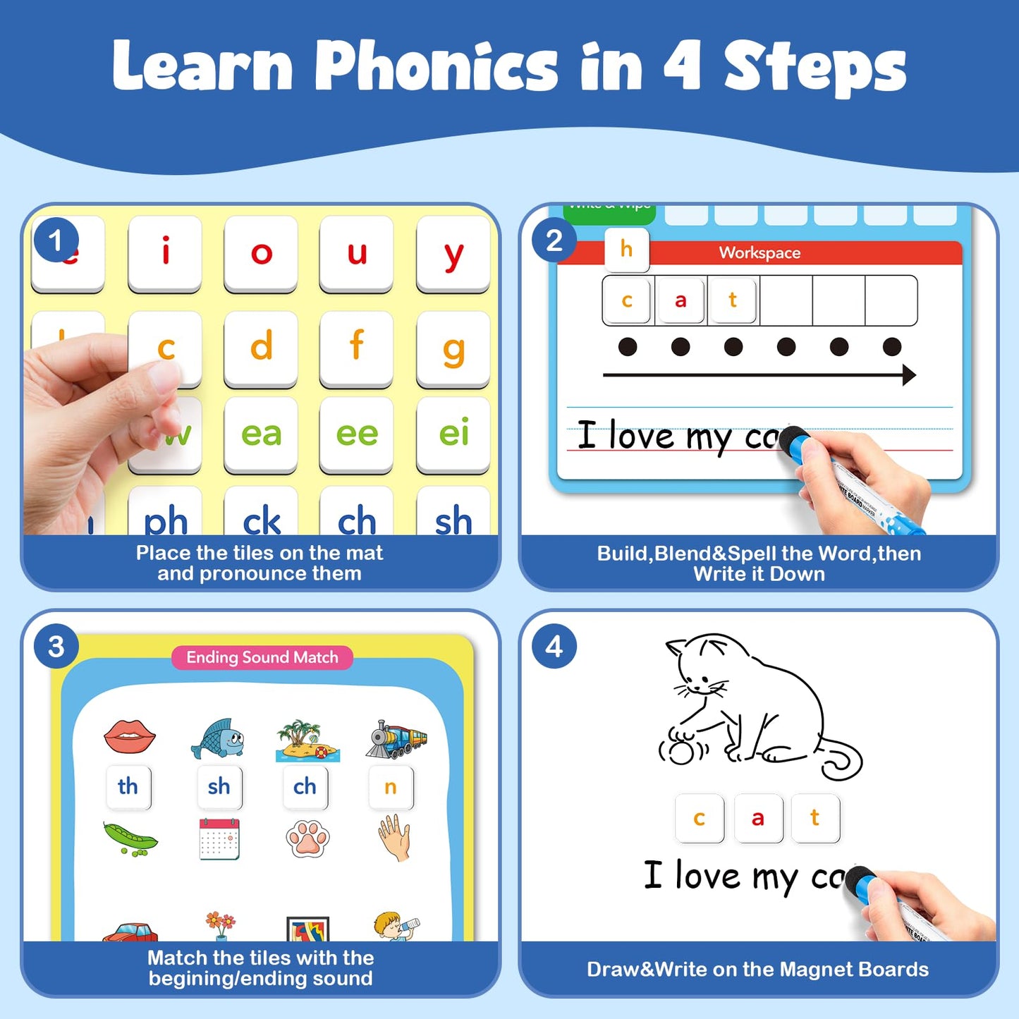 Phonics Magnetic Letter Tiles,All-in-one Magnetic Phonics Kit,Reading &Spelling Games with Dry-Erase Boards&Storage Case,Phonics Games for Preschool Pre k& Kindergarten Classroom Learning