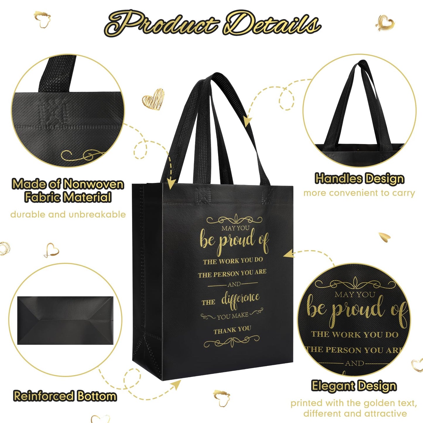 Paterr 100 Pcs Employee Appreciation Gift Bags Bulk 10 x 8 x 4'' Non Woven Thank You Gifts Tote Bags with Handle Inspirational May You Be Proud Gift for Colleague Teacher Doctor(Black)
