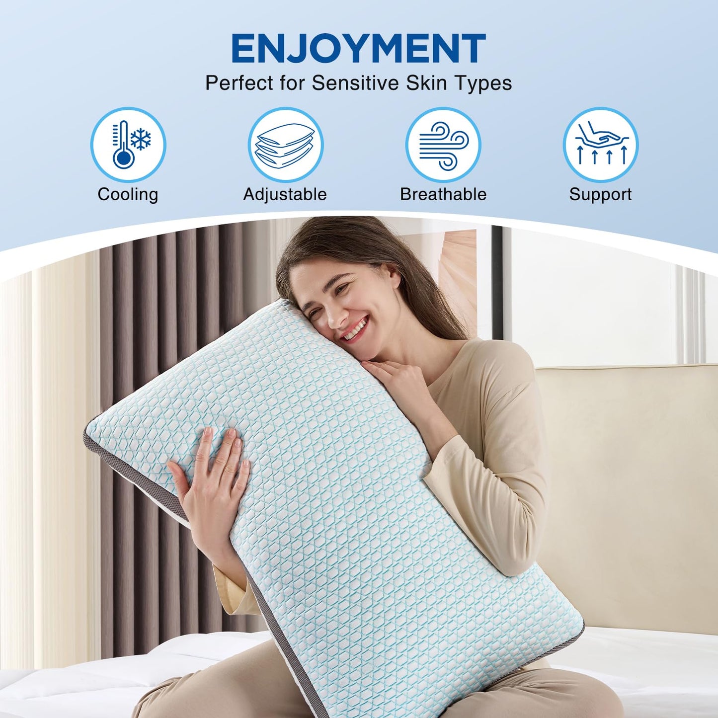 Baskbed Cooling Pillows Queen Size Set of 2, Shredded Memory Foam Pillows 2 Pack, Bed Pillow for Hot Sleepers Adjustable Firm Pillow for Side, Back and Stomach Sleepers, Machine Washable