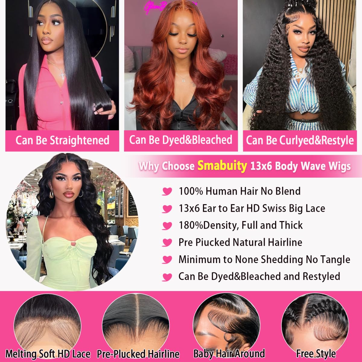 Smabuity 28 Inch 13x6 Body Wave Lace Front Wigs Human Hair Pre Plucked HD Transparent Lace Frontal Wigs Human Hair 180% Density Glueless Wig 100 Percent Virgin Human Hair with Baby Hair for Women