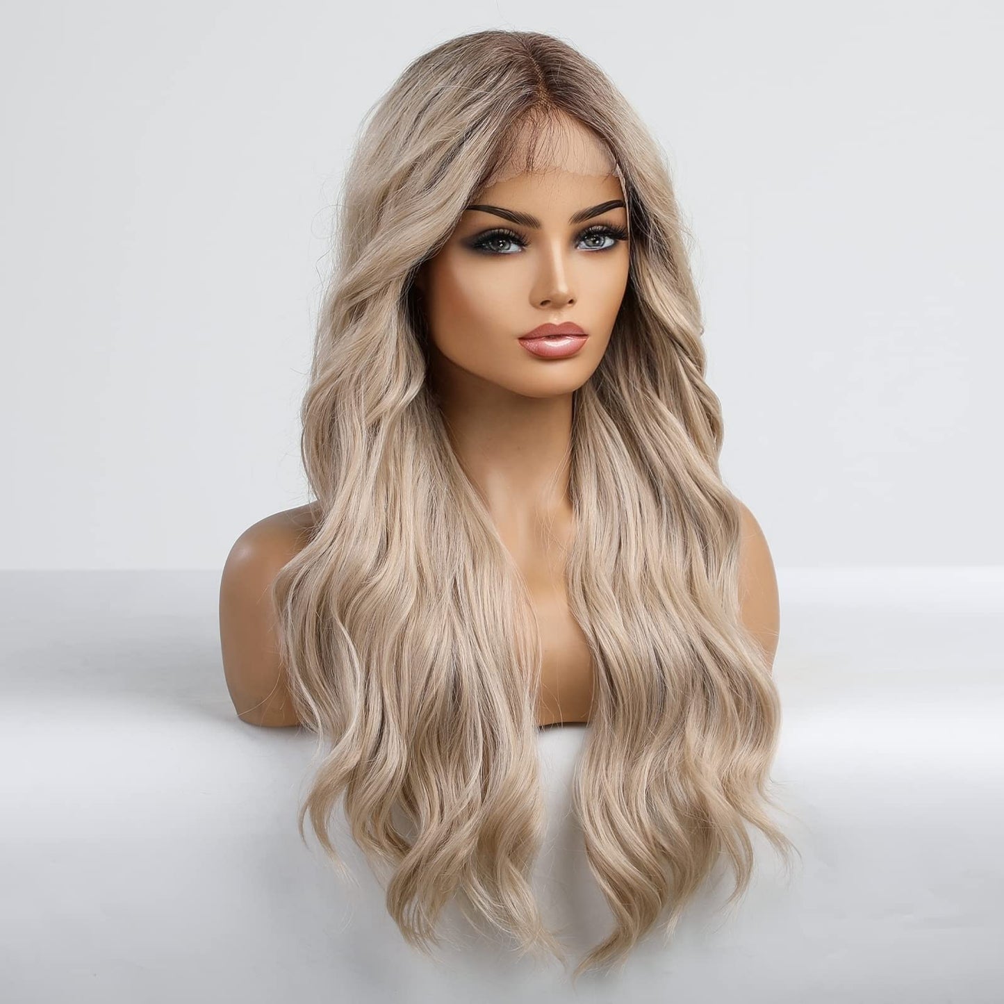 EMMOR Blonde Lace Front Wig Wave Middle Part Wig Hand Tied Baby Hair Heat Resistant Synthetic Wig