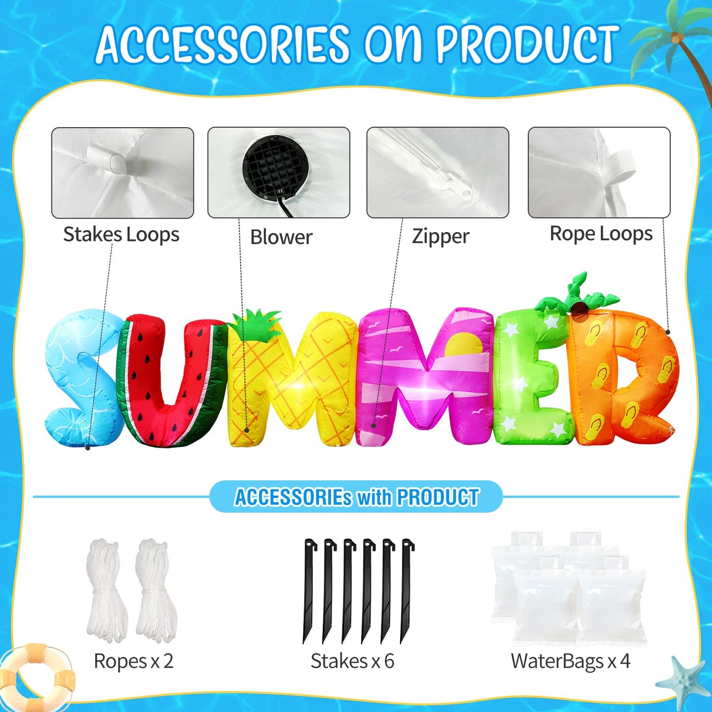 DomKom 8FT Summmer Inflatable Outdoor Decorations, Build-in LED Lights Holiday Blow Up Yard Decoration, for BBQ Holiday Party, Outdoor,Garden, Yard Lawn Décor
