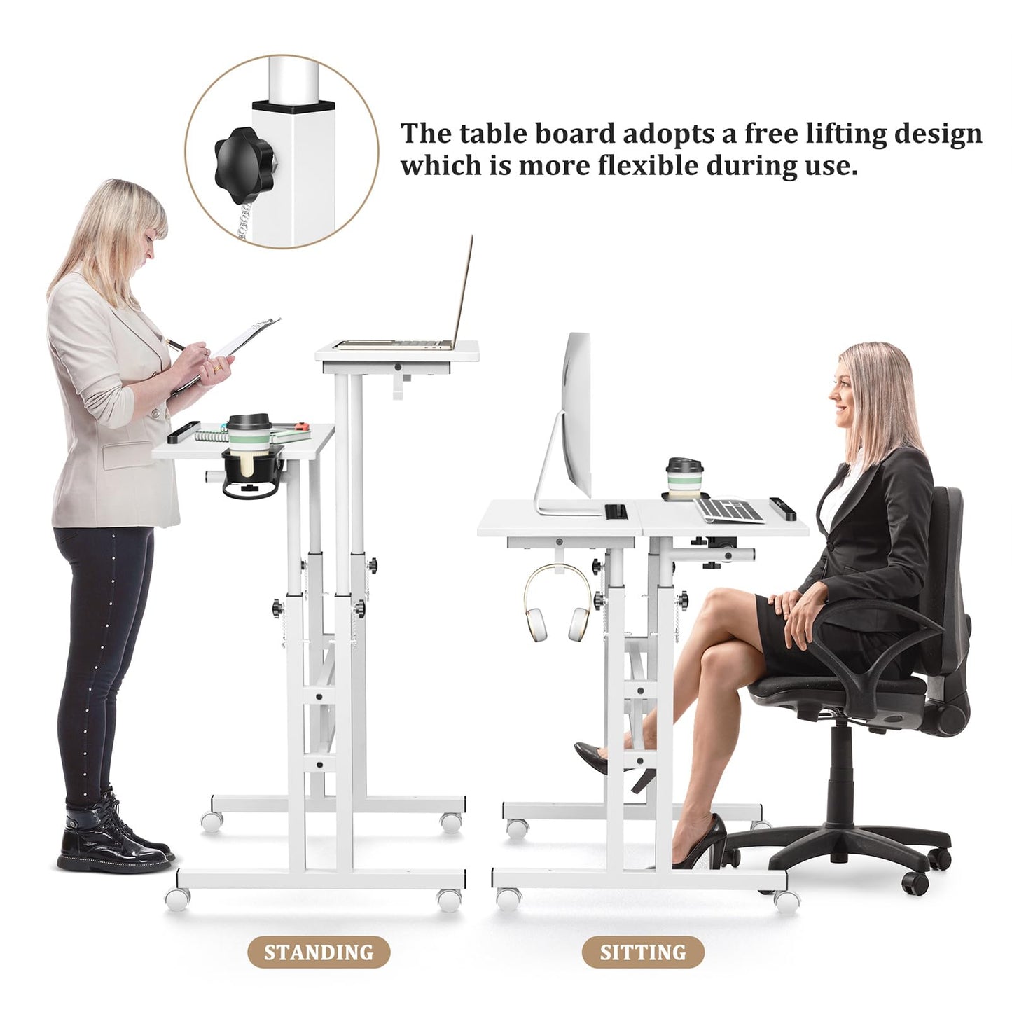 Enayplon Small Standing Desk with Wheels, Mobile Stand Up Desk, Portable Standing Table on Wheels for Walking Pad, Rolling Computer Desk Adjustable Height, Tall Table