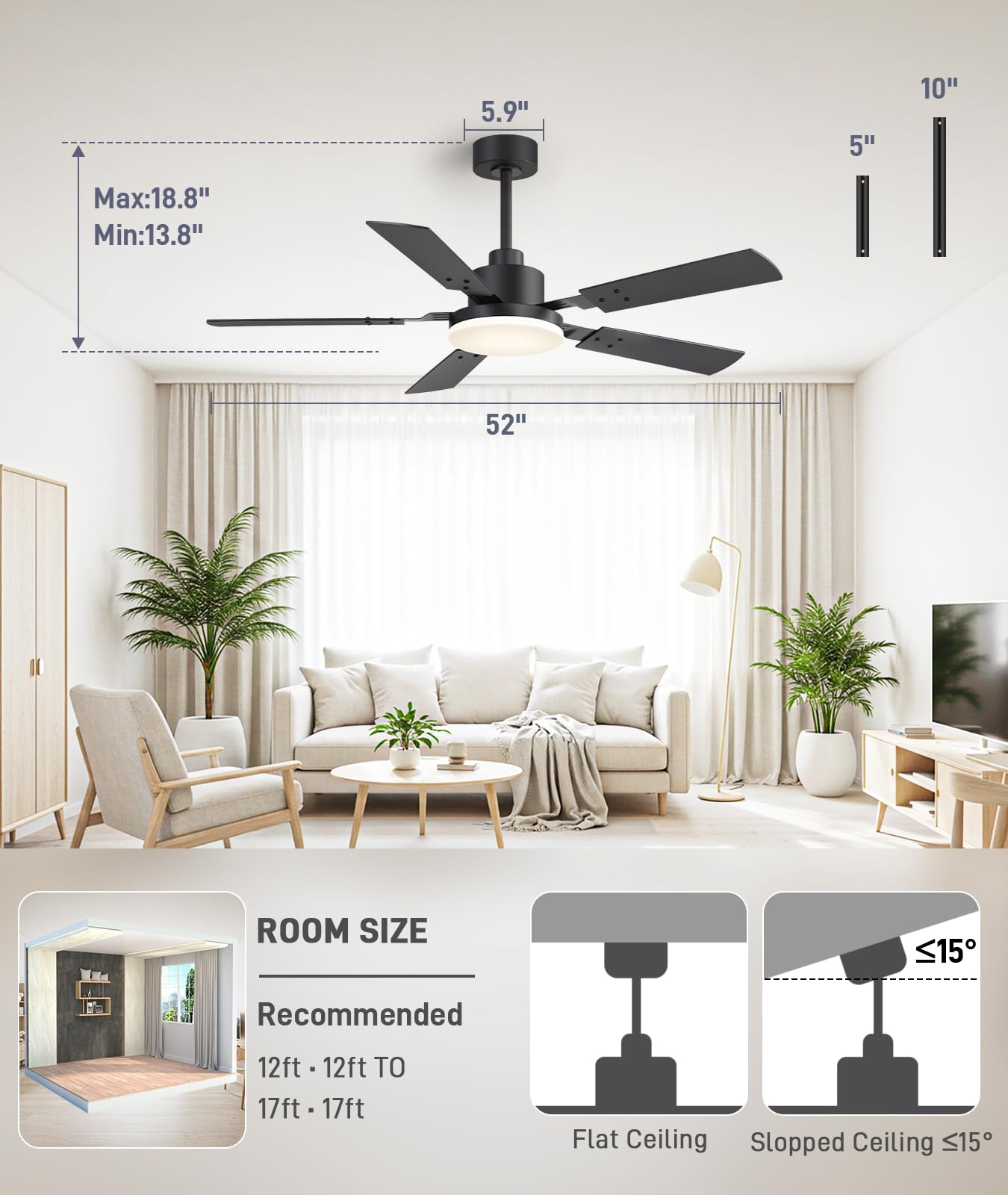 ZYD Ceiling Fan Lights, 52" Ceiling Fans with Lights and Remote, Farmhouse Ceiling Fans with Light Quiet Reversible DC Motor, Dual-Finish LED Ceiling Fan Light for Living Room, Bedroom, Kitchen