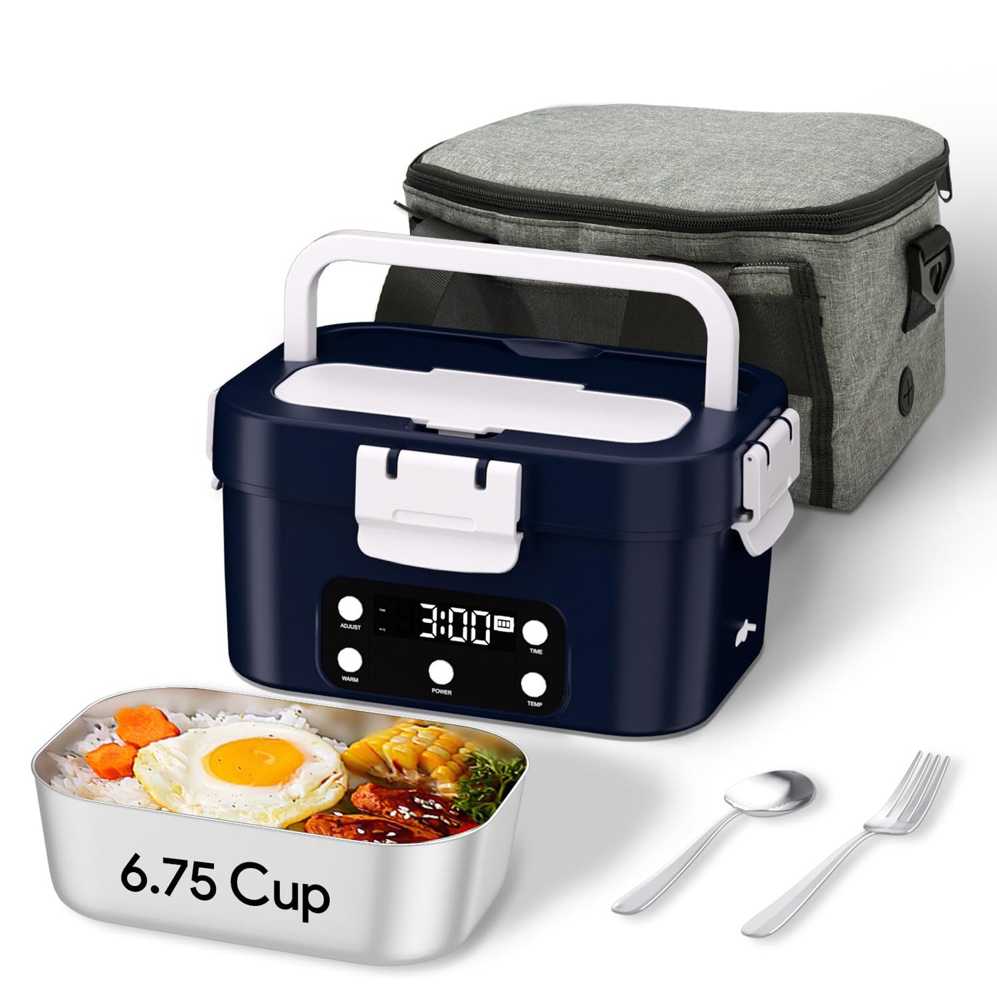 VISOM Cordless Electric Lunch Box, 6.75 Cup Automatic Food Warmer (212°F), Rechargeable Portable Heated Meal Container for Office, Travel, Outdoor（deep blue）