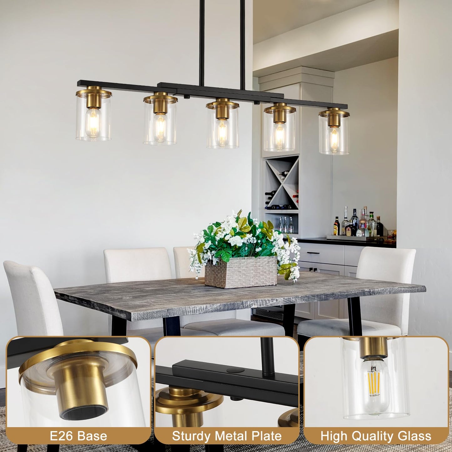 XvmBvm 36.2inch 5-Light Kitchen Island Lighting,Dining Room Lights Modern Farmhouse Chandelier with Clear Glass Shade,Modern Rustic Black and Gold Metal Chandelier, Kitchen Pendant Light Fixtures