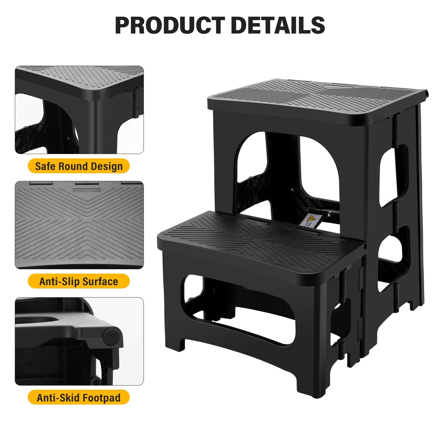 Folding 2-Step Stool for Adults, Non-Slip Collapsible Footstool for Office, Portable Bedside Step Stool, Hold up to 300 lbs, Lightweight & Foldable Step Ladder for Pool Office Home RV
