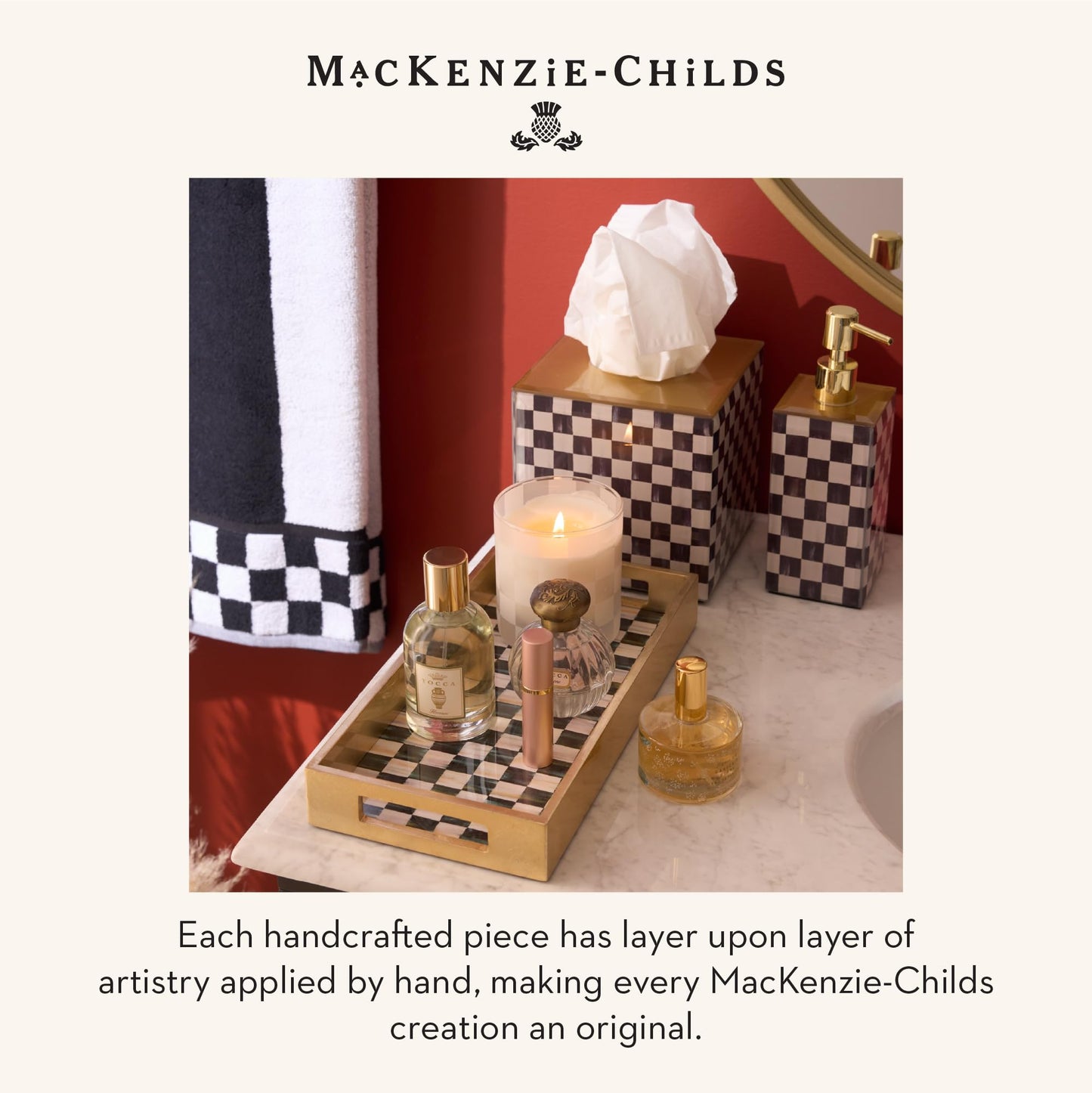 MACKENZIE-CHILDS Glass Soap Pump, Liquid Soap Dispenser, Black-and-White Courtly Check