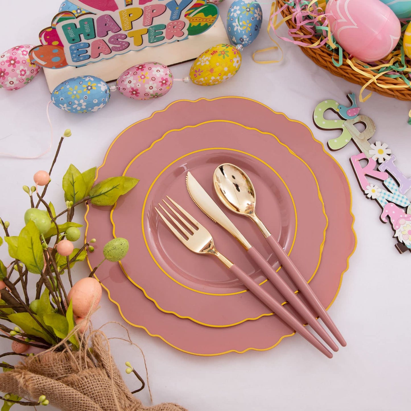 Nervure Purple Plastic Plates 100 Packed- Mauve and Gold Disposable Plates & Gold Plastic Silverware with Purple Handle For Wedding&Coming Spring Parties - Served for 20Guests
