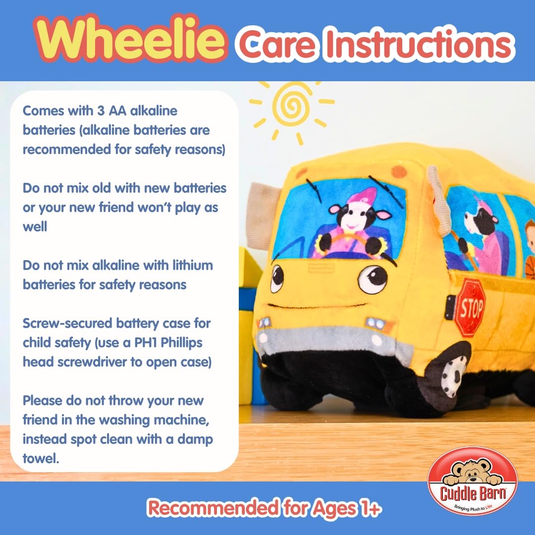 Cuddle Barn | Wheelie - School Bus Singing Stuffed Animal Plush Toy | Mouth Moves and Eyes Light Up | Sings Wheels on The Bus - 23 cm