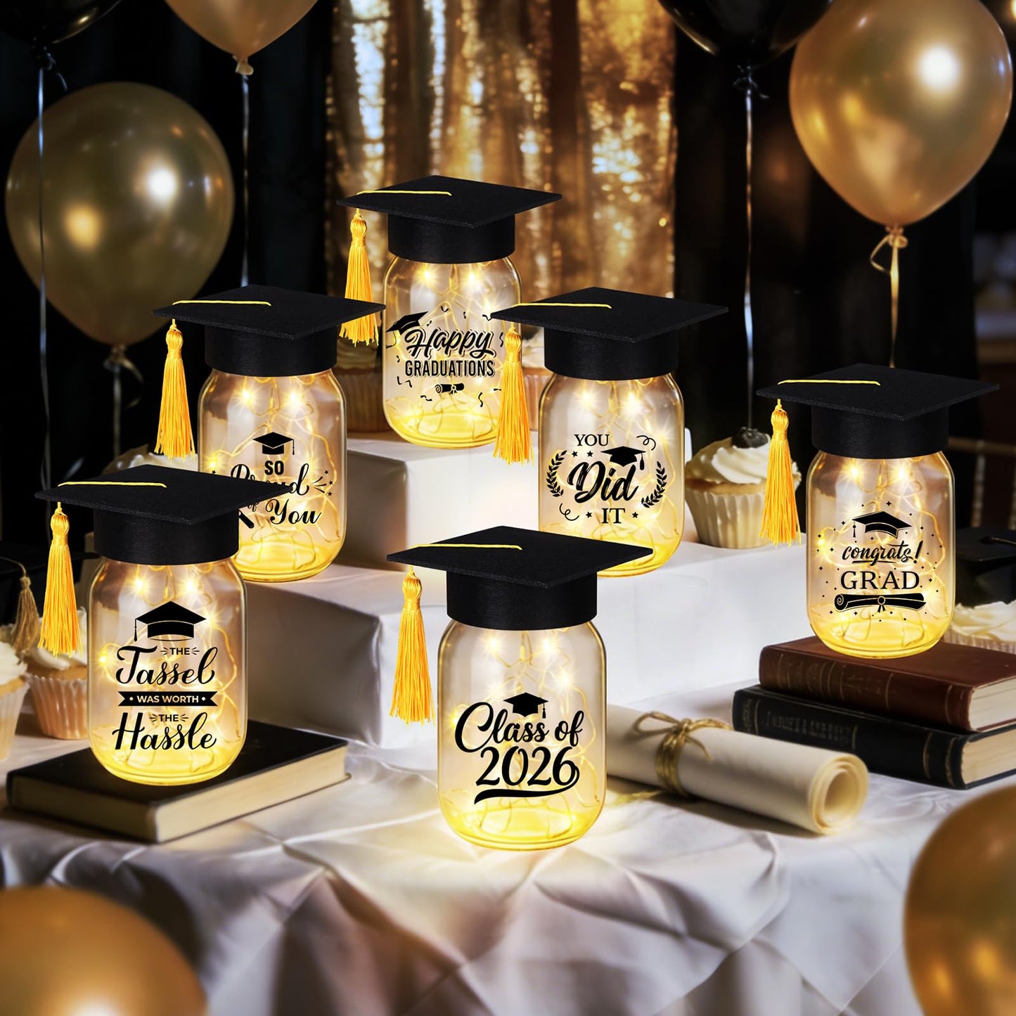 12 Sets 2026 Graduation Table Decoration with Lights, Light up Glass Mason Jars with Printed Designs for Class of 2026 Graduation Table Centerpieces Decor with Grad Hat for Congrats Grad Party Favor